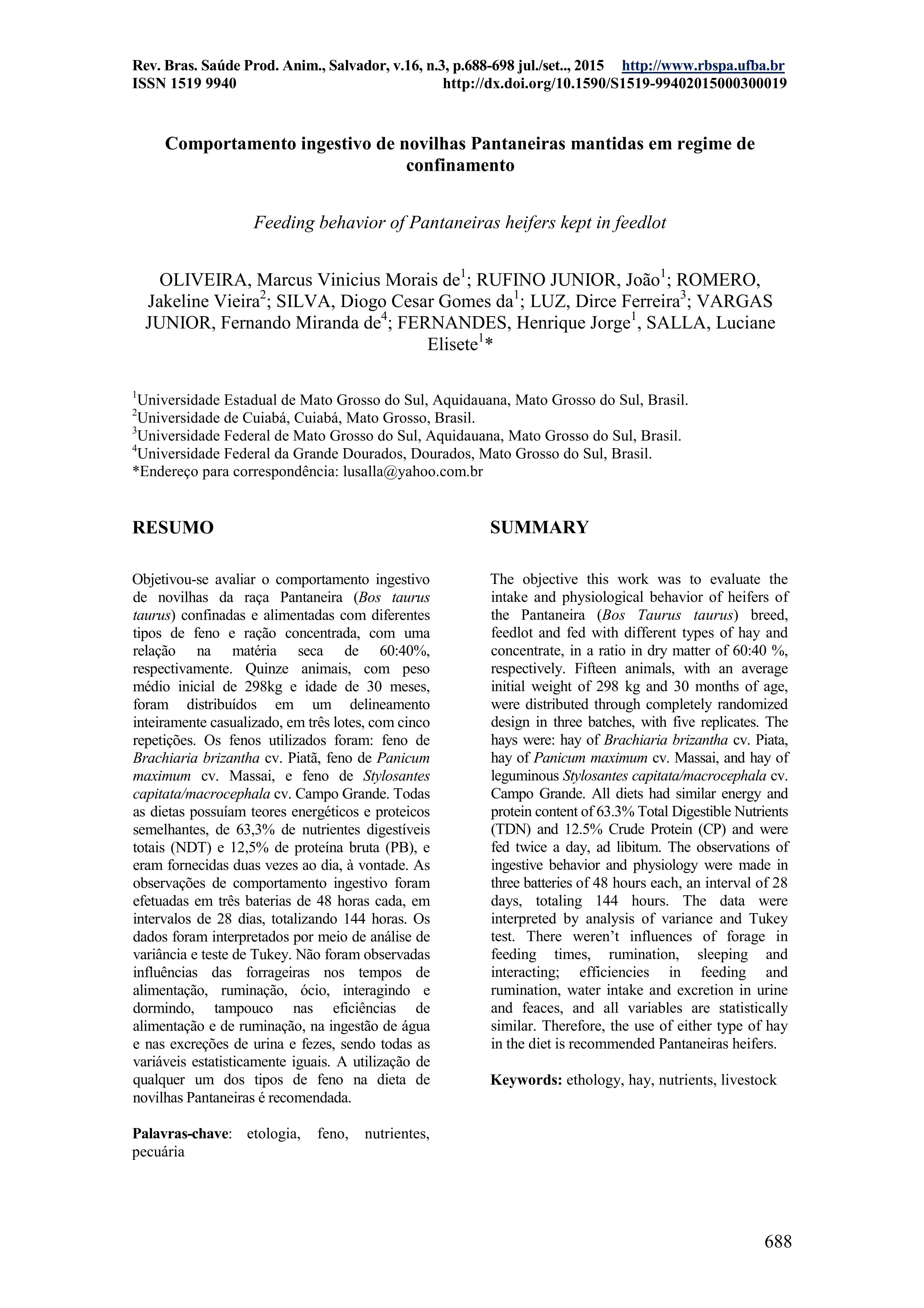 Comportamento ingestivo de novilhas Pantaneiras mantidas em regime de confinamento