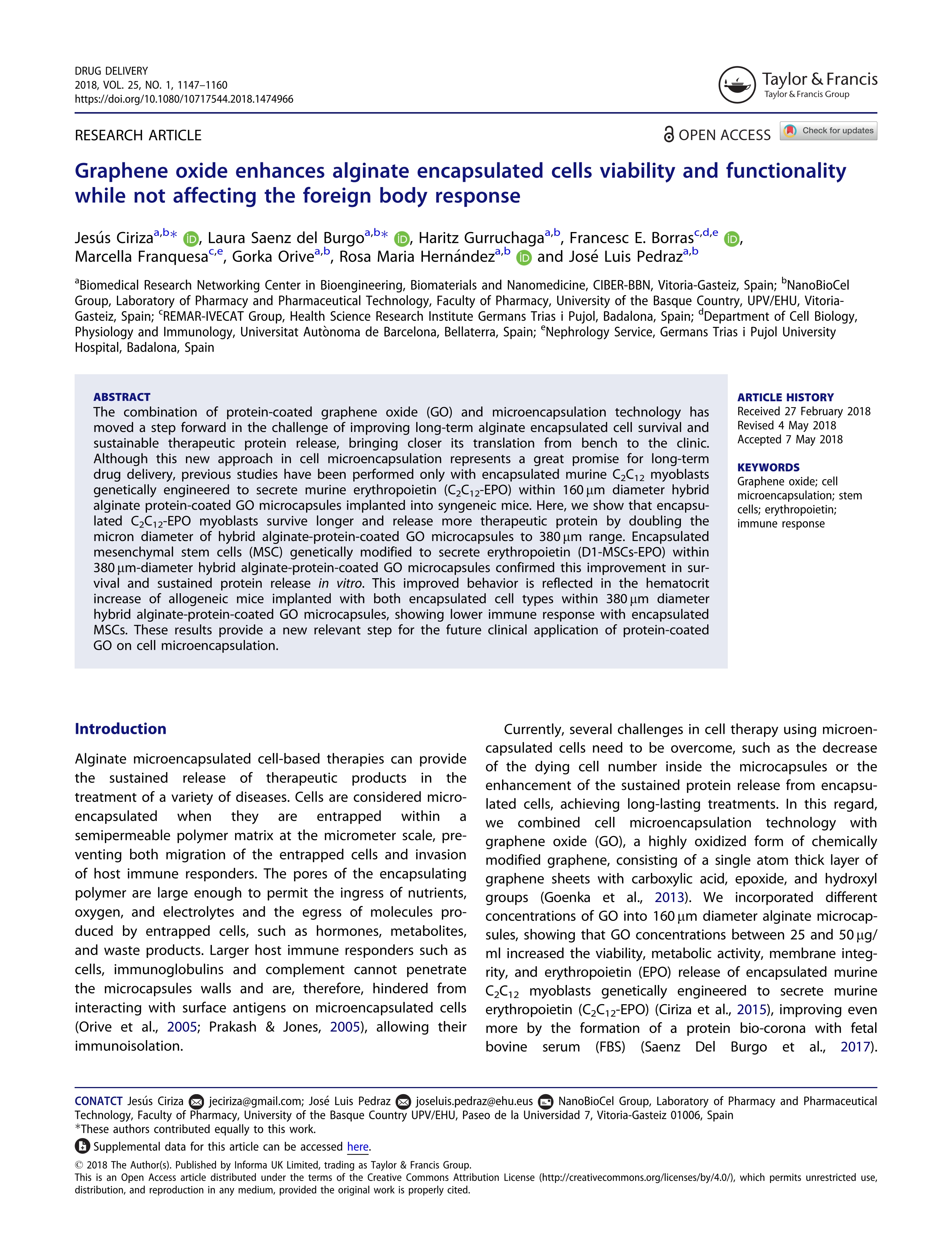 Graphene oxide enhances alginate encapsulated cells viability and functionality while not affecting the foreign body response