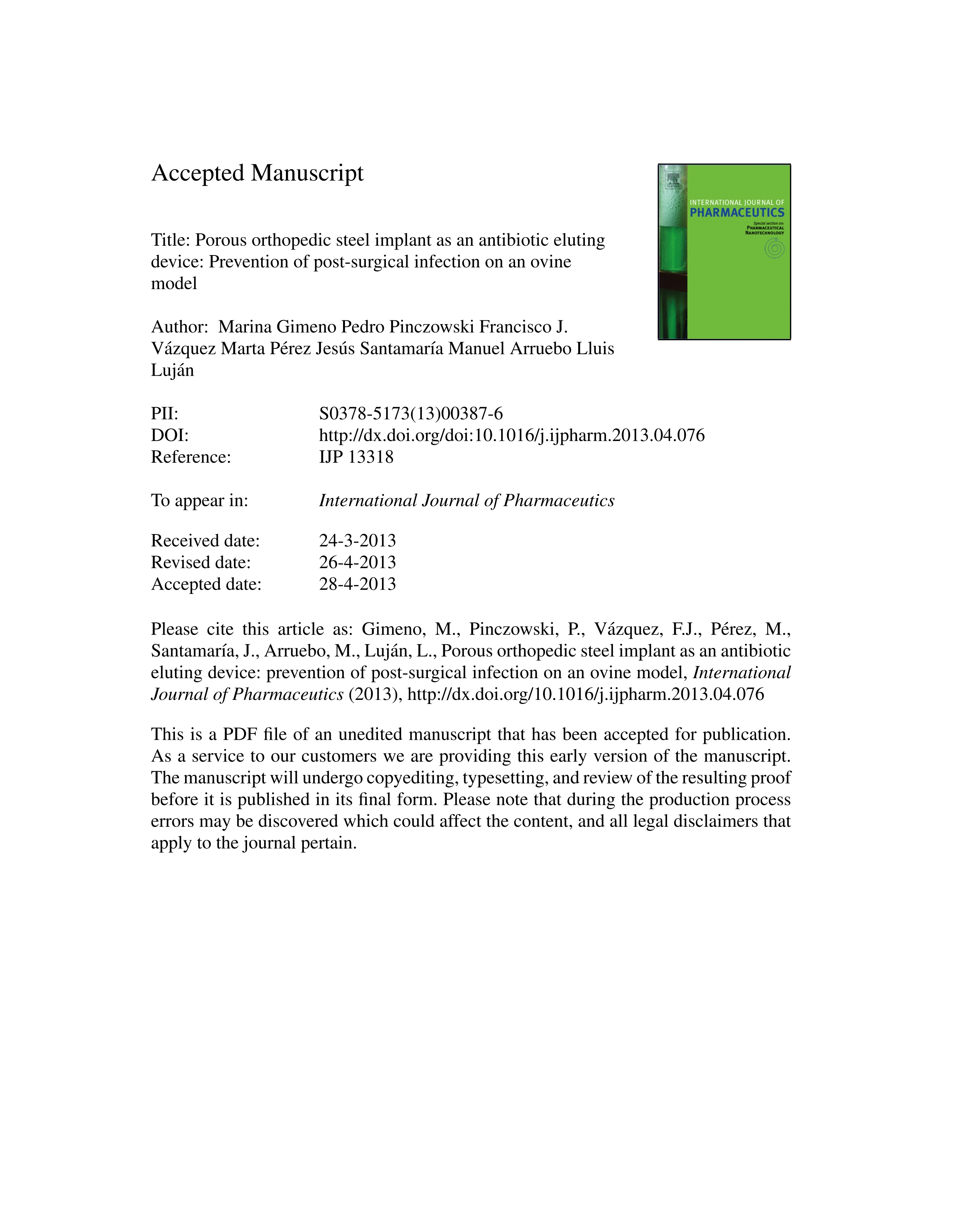 Porous orthopedic steel implant as an antibiotic eluting device: prevention of post-surgical infection on an ovine model