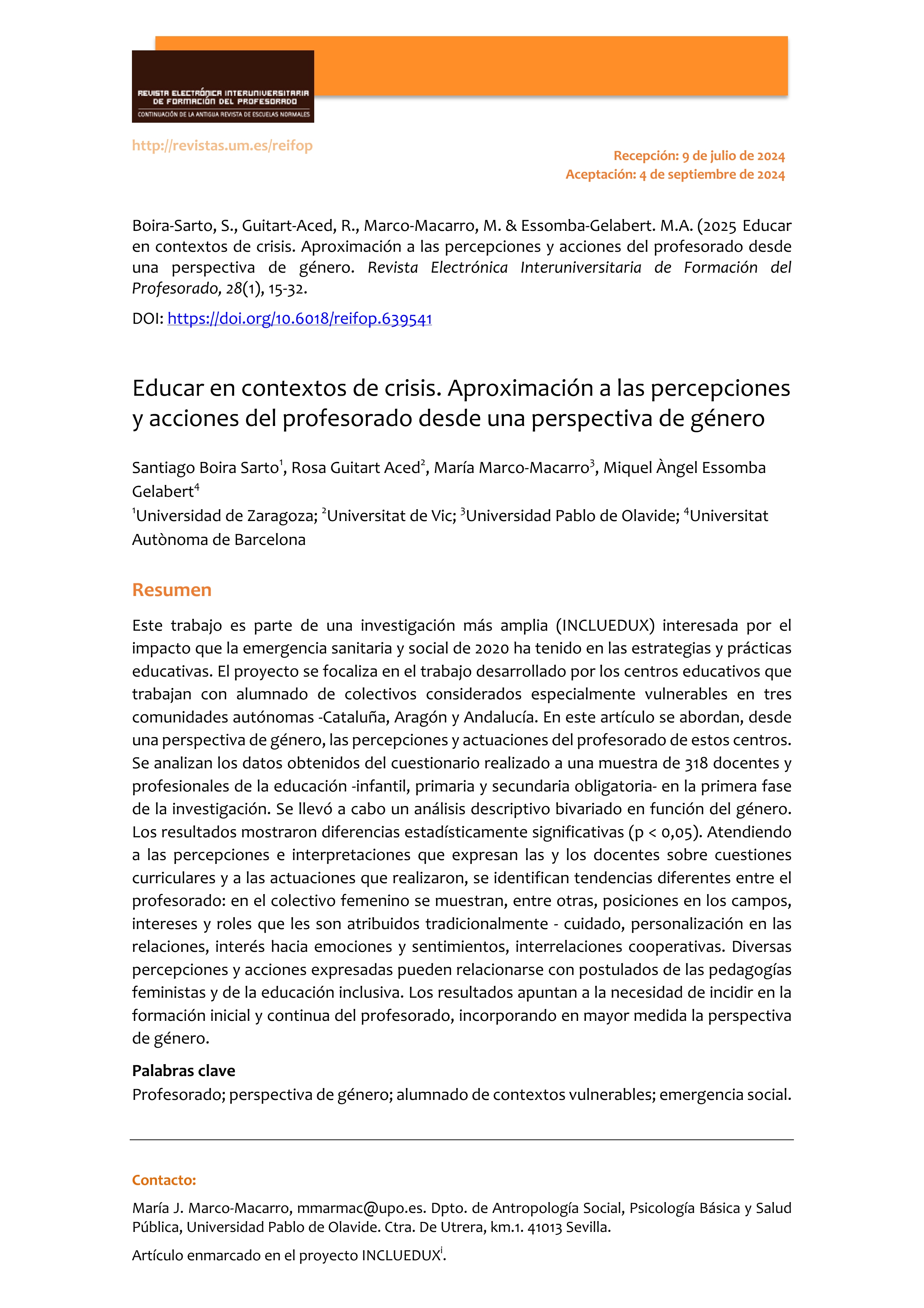 Educar en contextos de crisis. Aproximación a las percepciones y acciones del profesorado desde una perspectiva de género