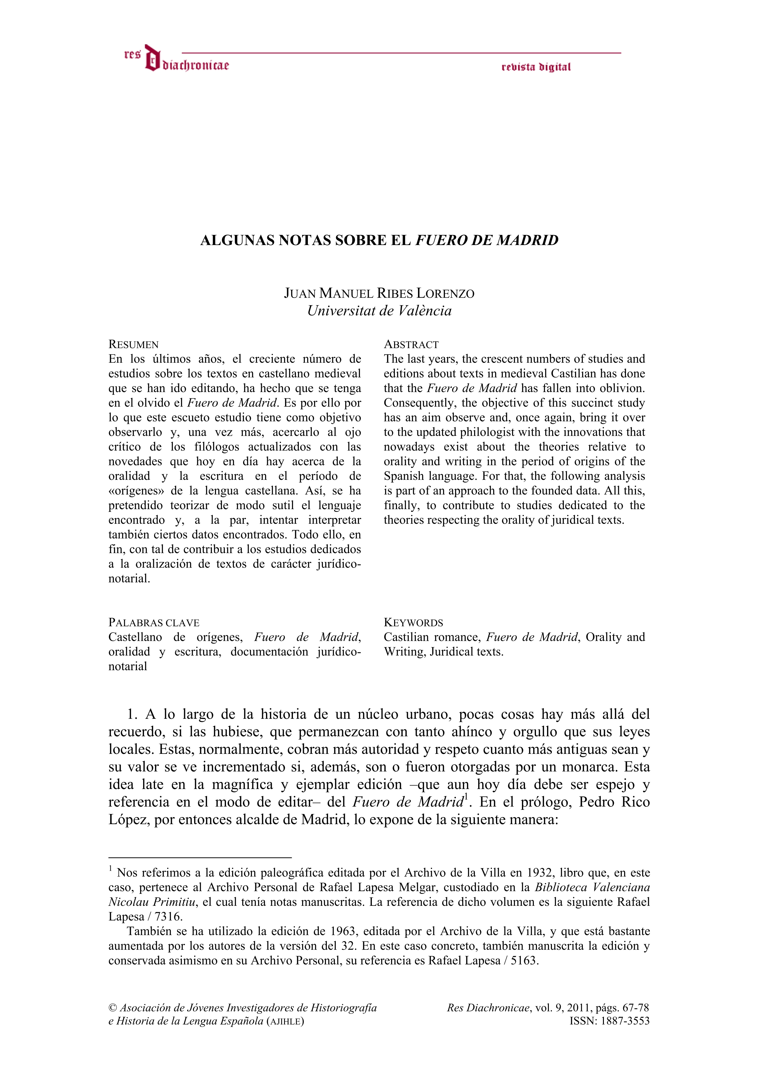 Algunas notas sobre el Fuero de Madrid