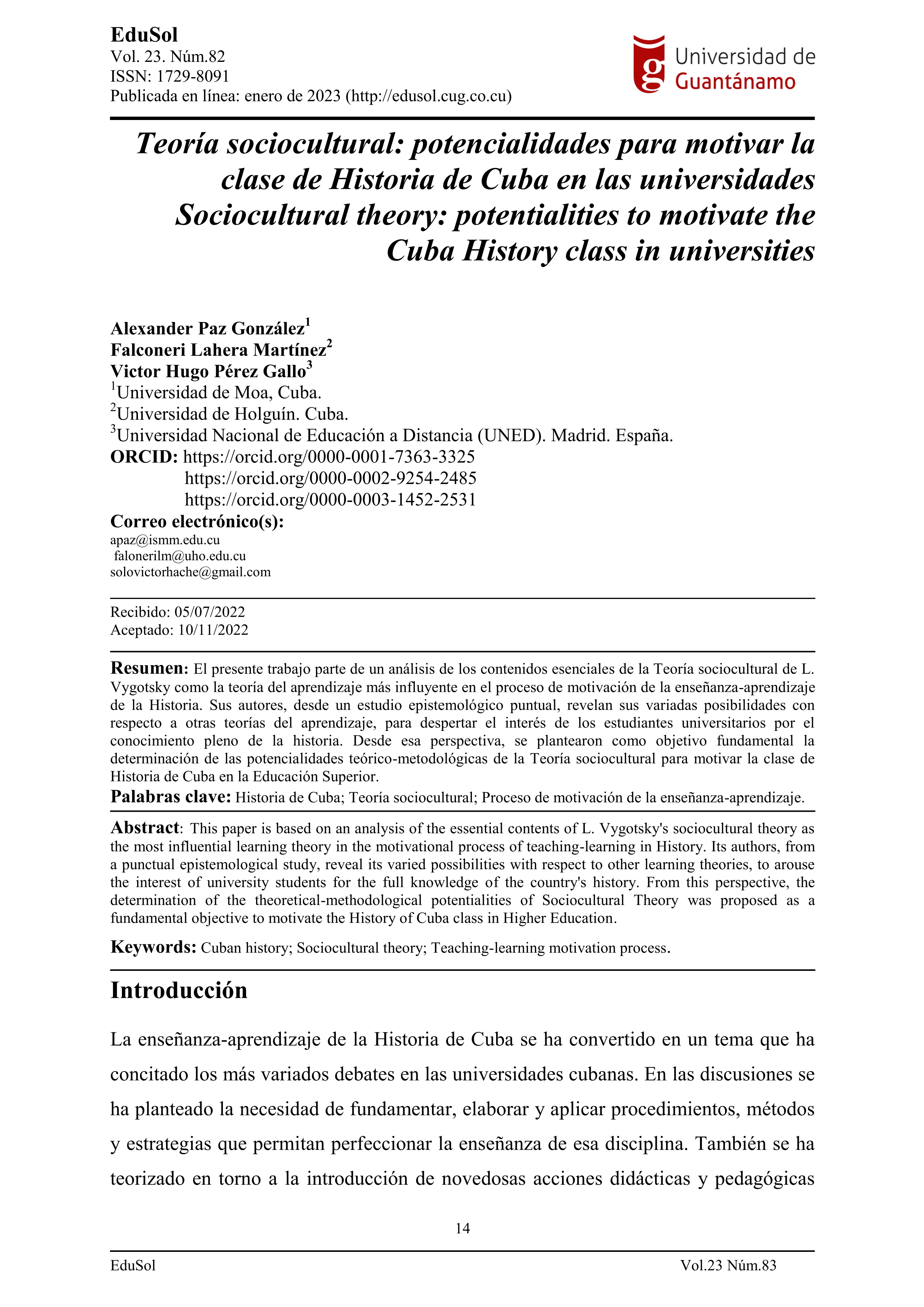 Teoría sociocultural: potencialidades para motivar la clase de Historia de Cuba en las universidades