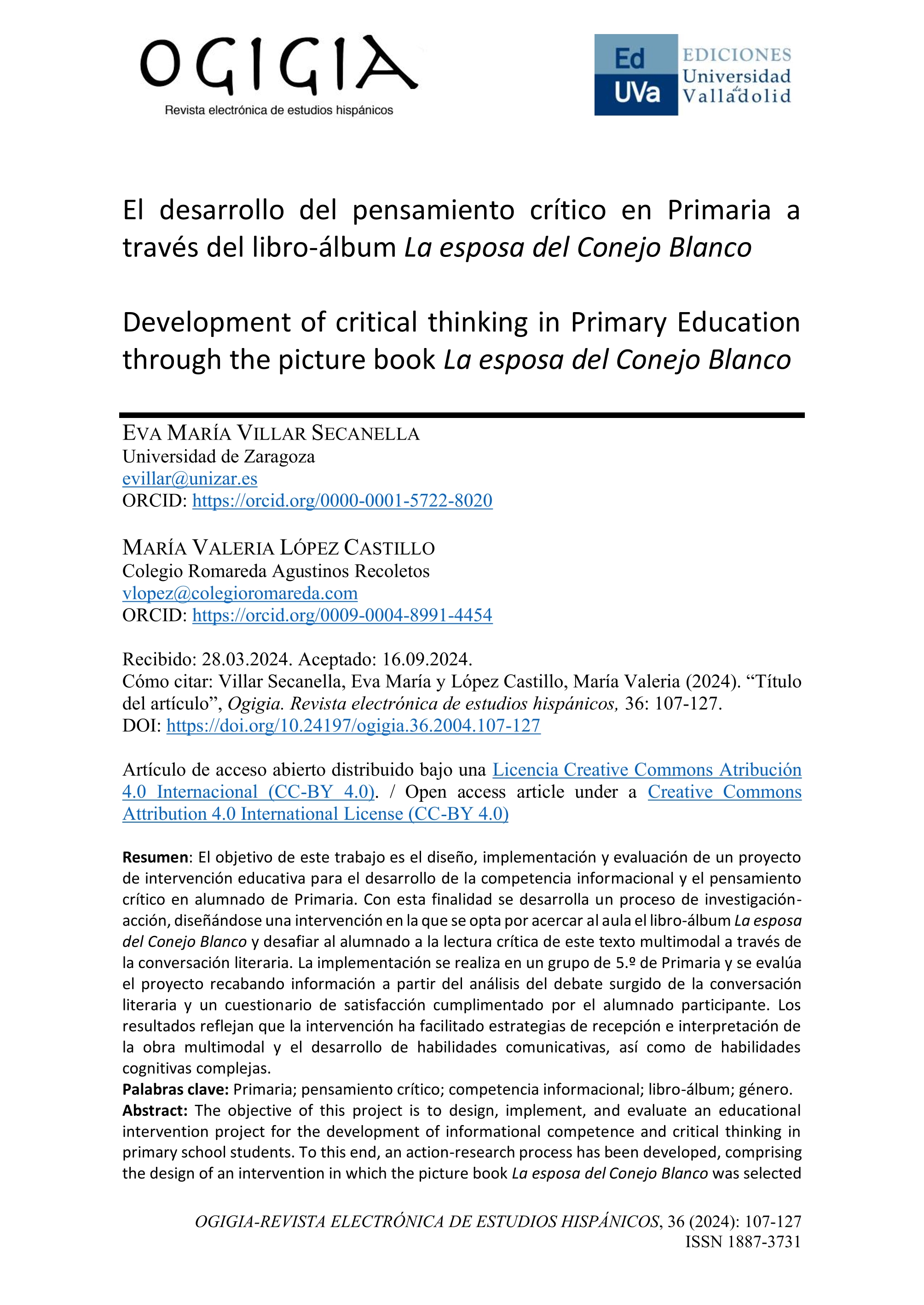 El desarrollo del pensamiento crítico en Primaria a través del libro-álbum La esposa del Conejo Blanco