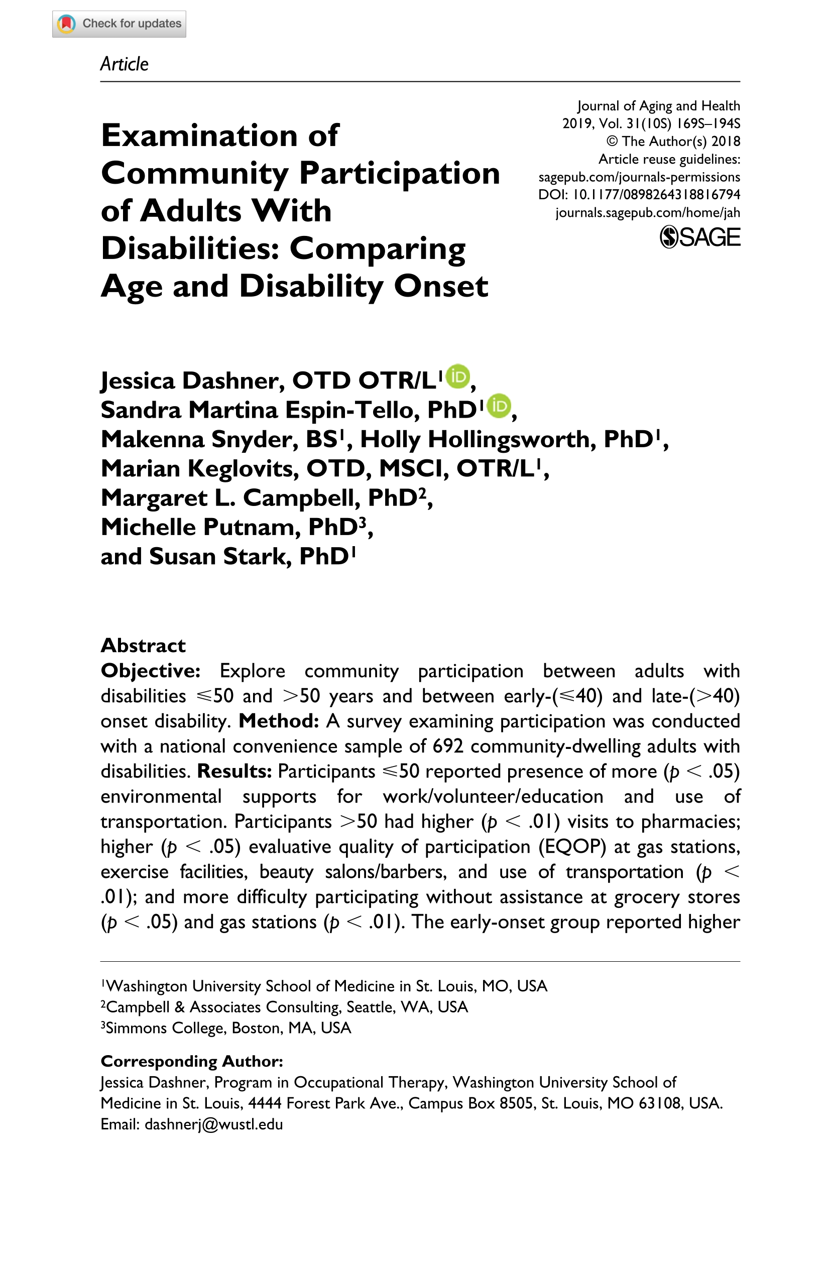 Examination of Community Participation of Adults With Disabilities: Comparing Age and Disability Onset