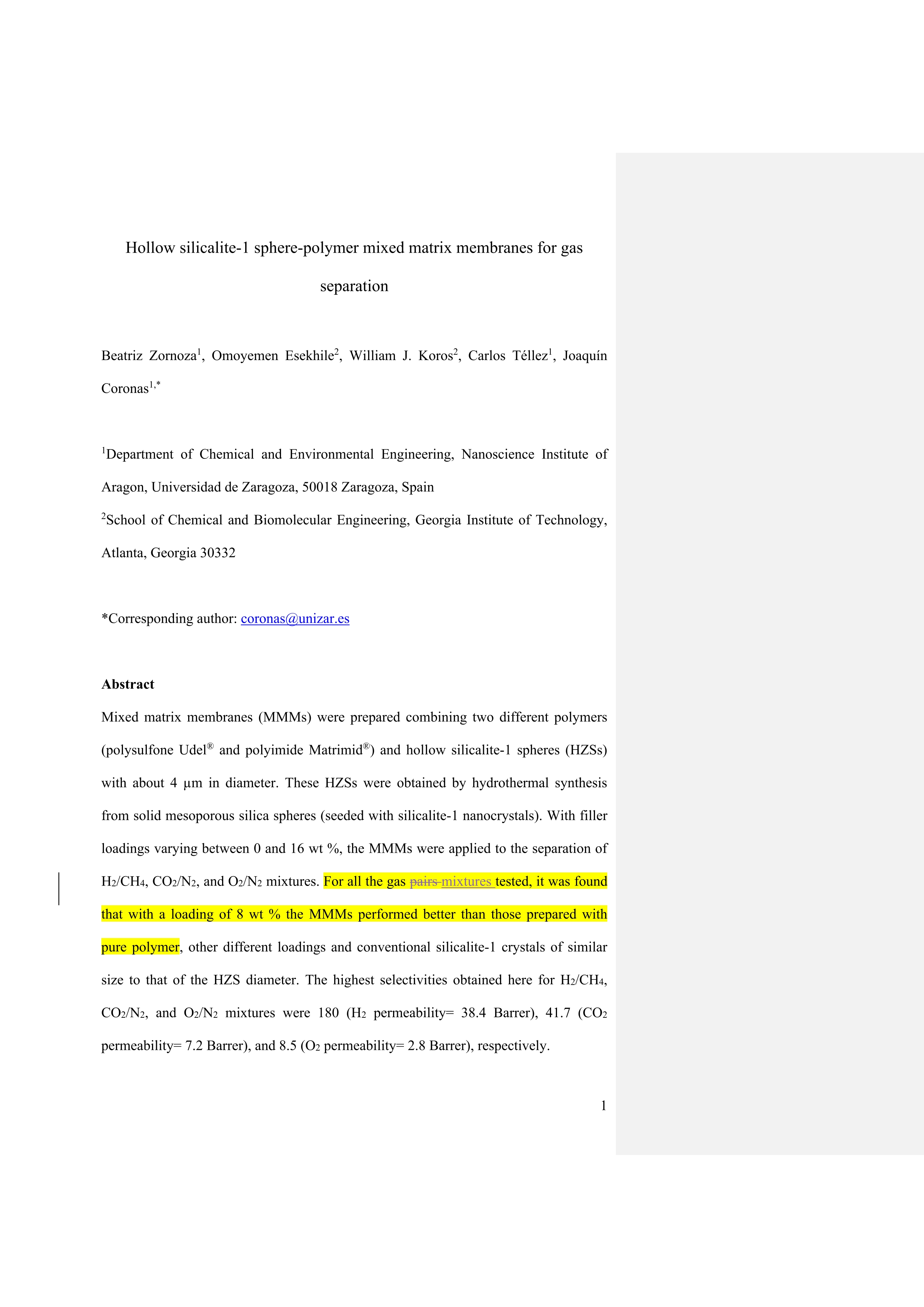 Hollow silicalite-1 sphere-polymer mixed matrix membranes for gas separation