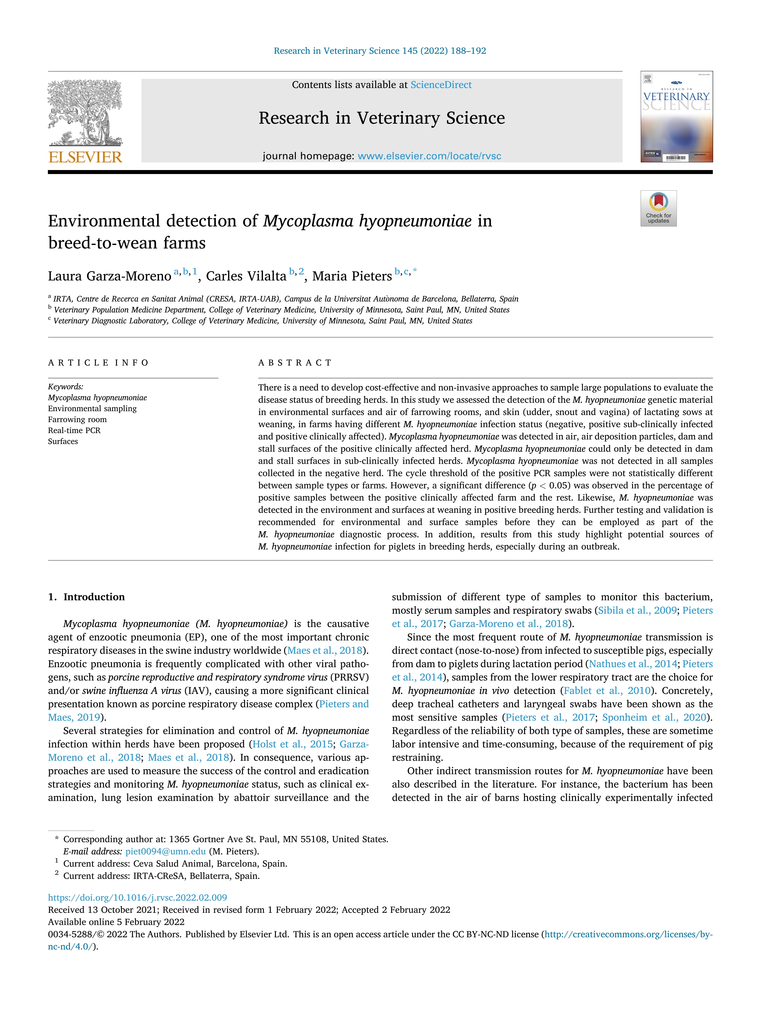 Environmental detection of Mycoplasma hyopneumoniae in breed-to-wean farms