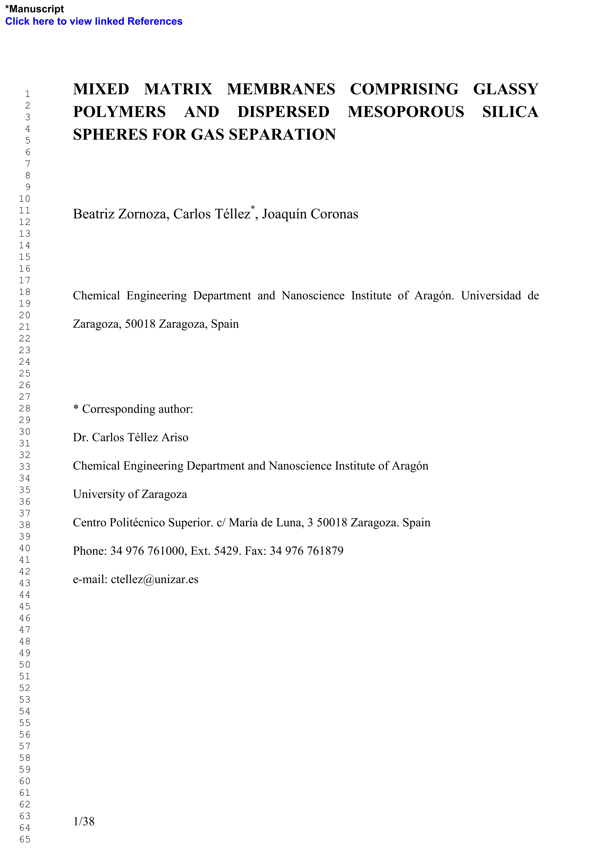 Mixed matrix membranes comprising glassy polymers and dispersed mesoporous silica spheres for gas separation