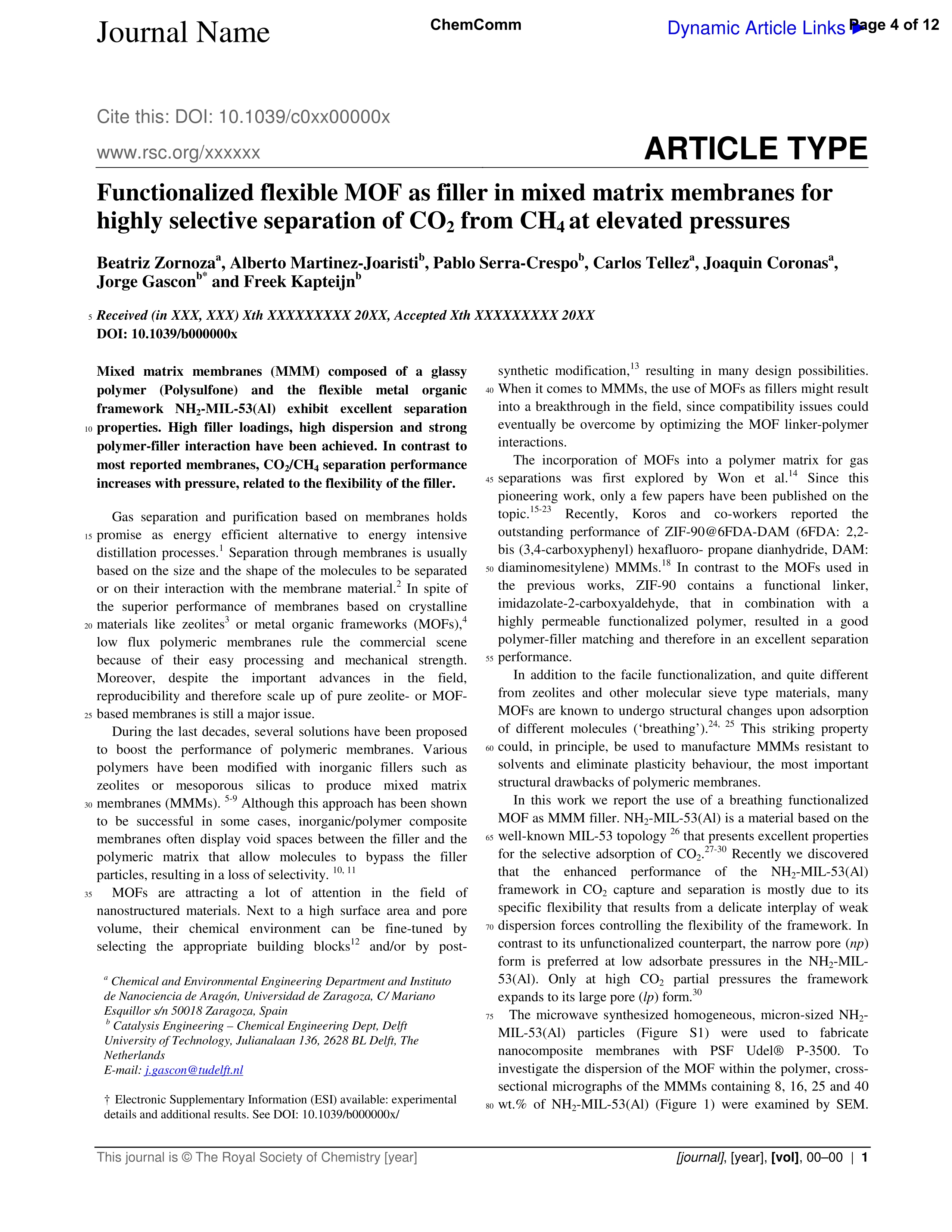 Functionalized flexible MOFs as fillers in mixed matrix membranes for highly selective separation of CO2 from CH4 at elevated pressures