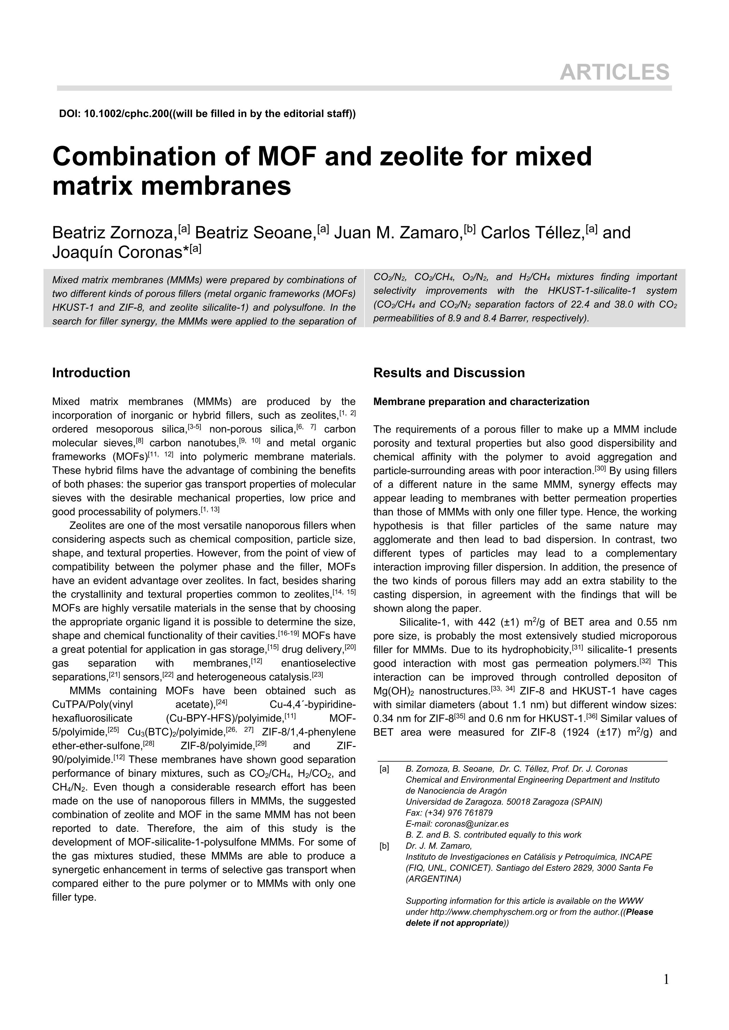 Combination of MOFs and zeolites for mixed-matrix membranes