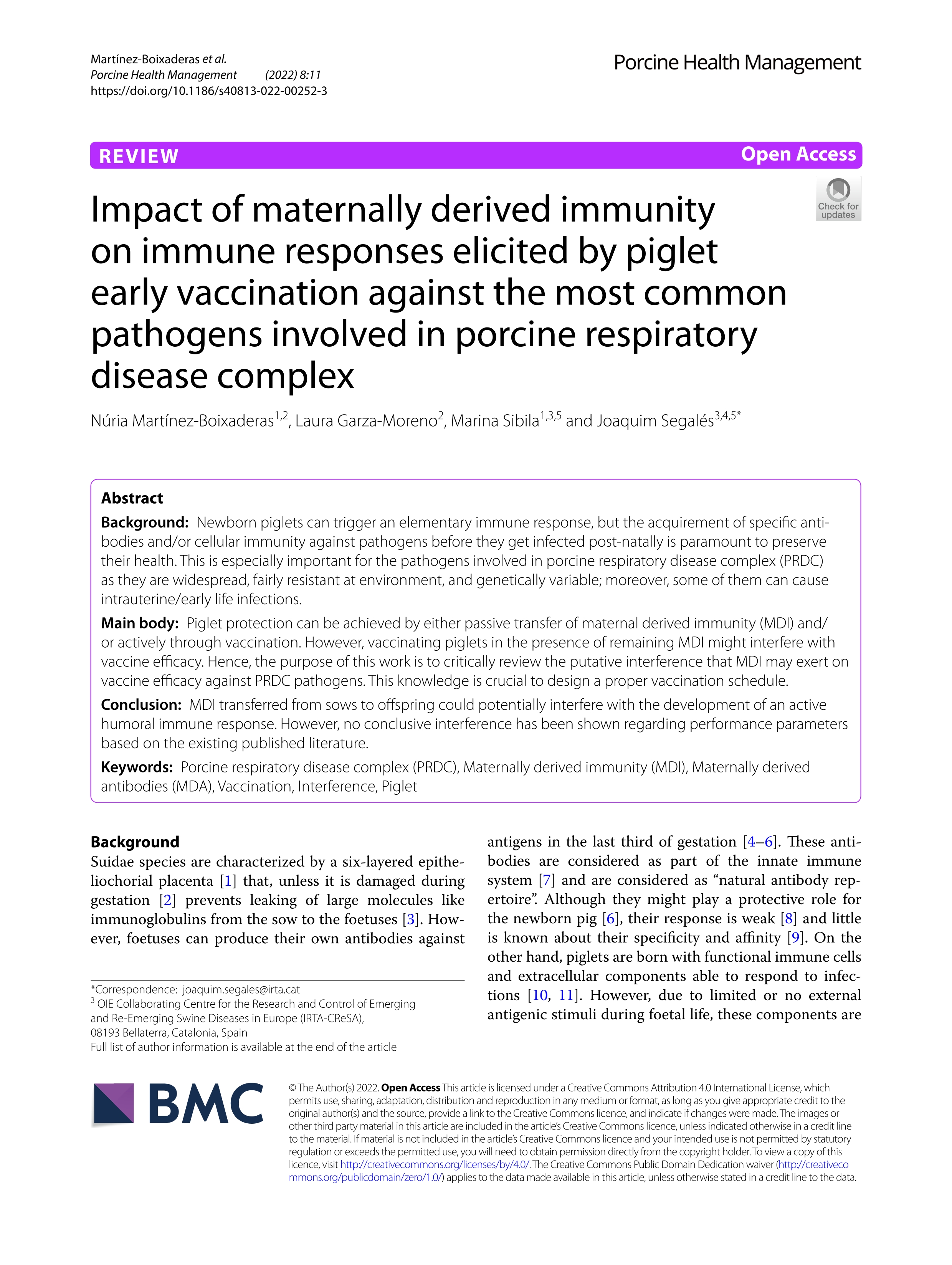 Impact of maternally derived immunity on immune responses elicited by piglet early vaccination against the most common pathogens involved in porcine respiratory disease complex