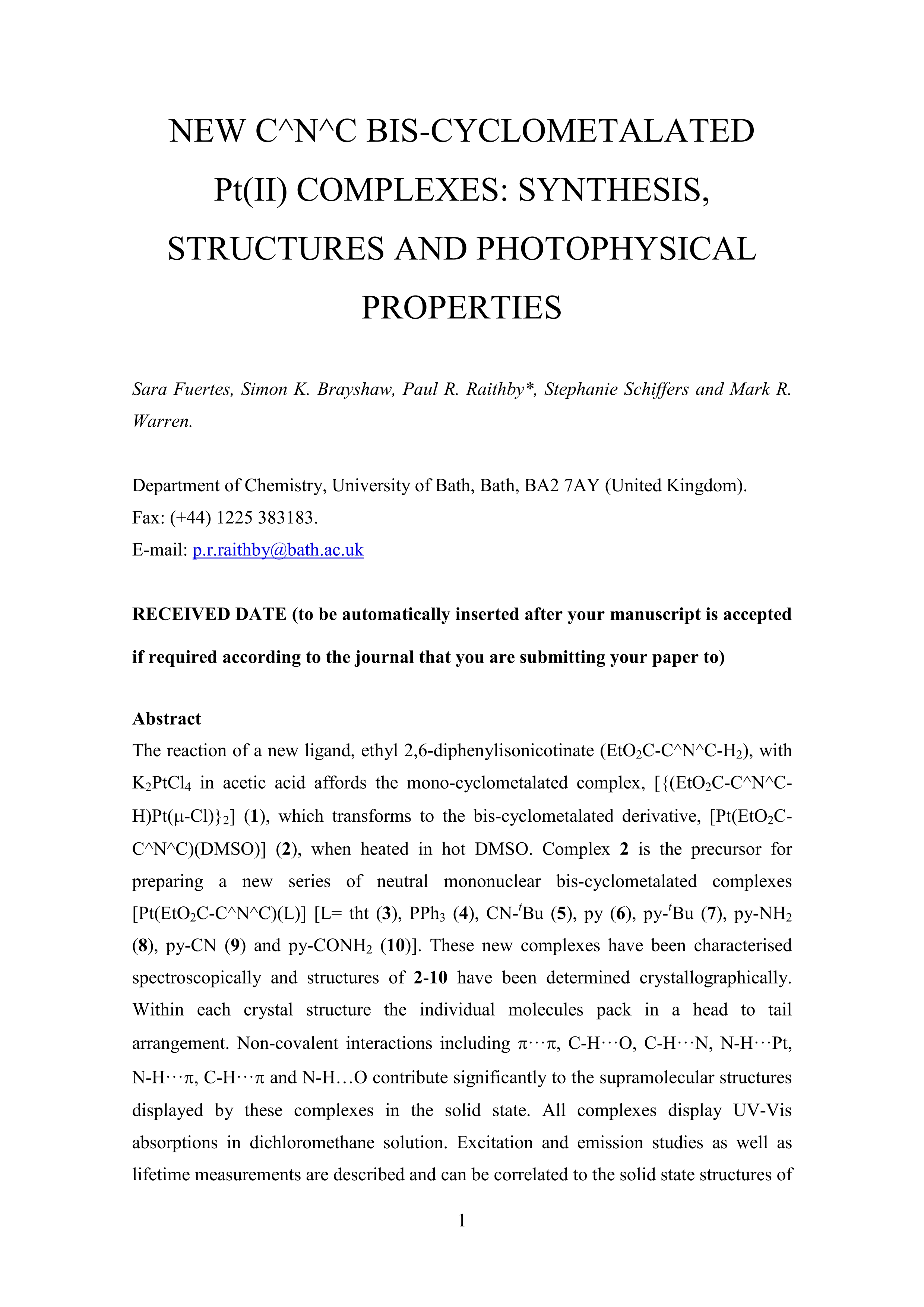 New C¿N¿C Bis-Cyclometalated Platinum(II) Complexes: Synthesis, Structures, and Photophysical Properties