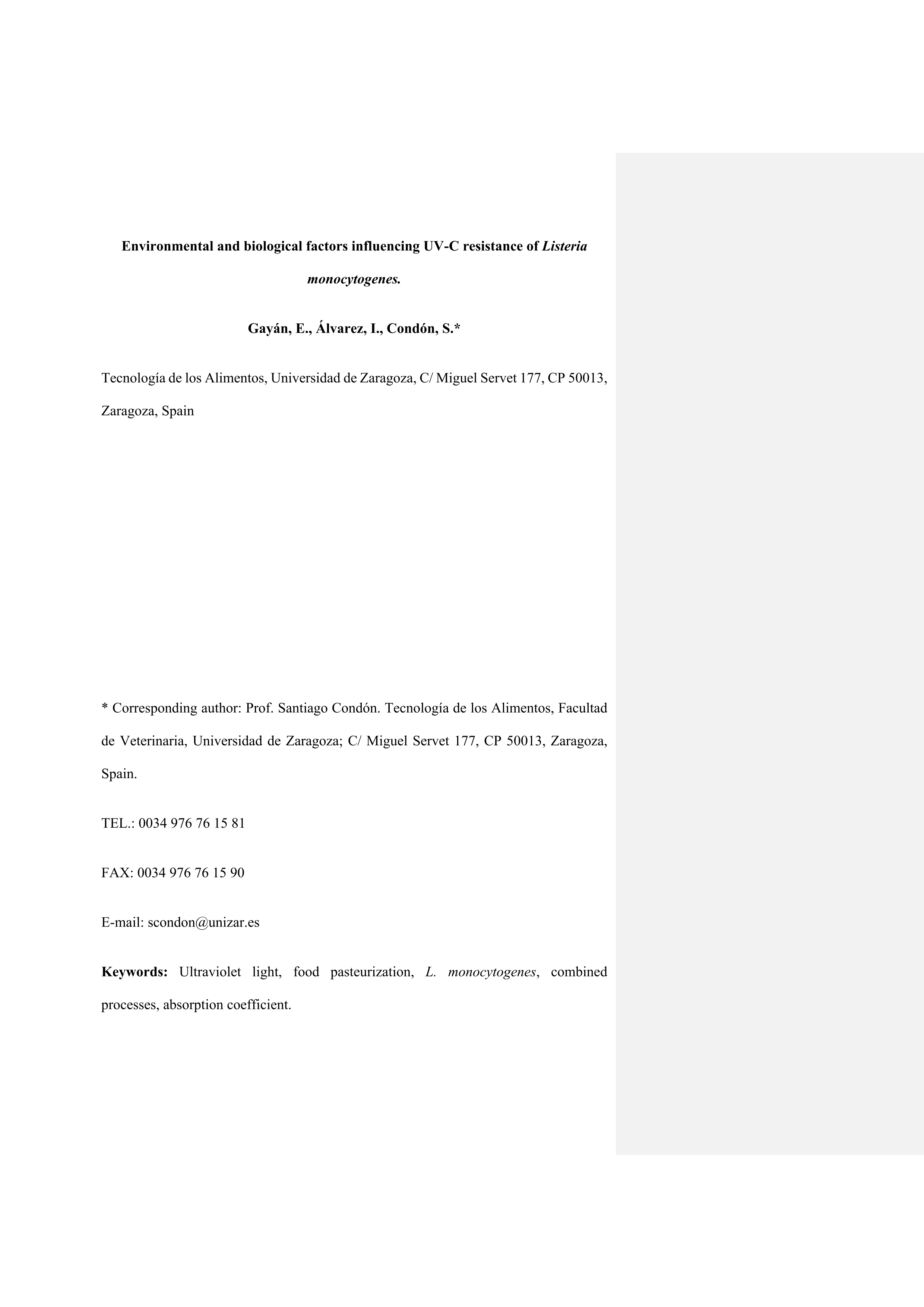 Environmental and biological factors influencing the UV-C resistance of Listeria monocytogenes