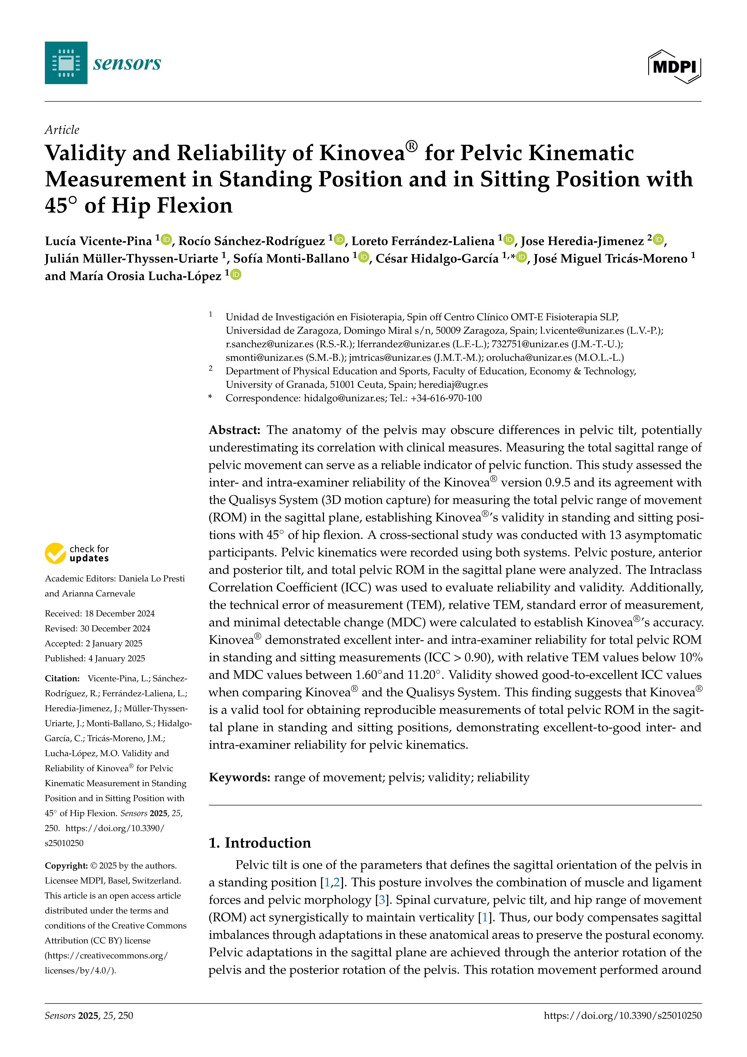 Validity and Reliability of Kinovea® for Pelvic Kinematic Measurement in Standing Position and in Sitting Position with 45° of Hip Flexion