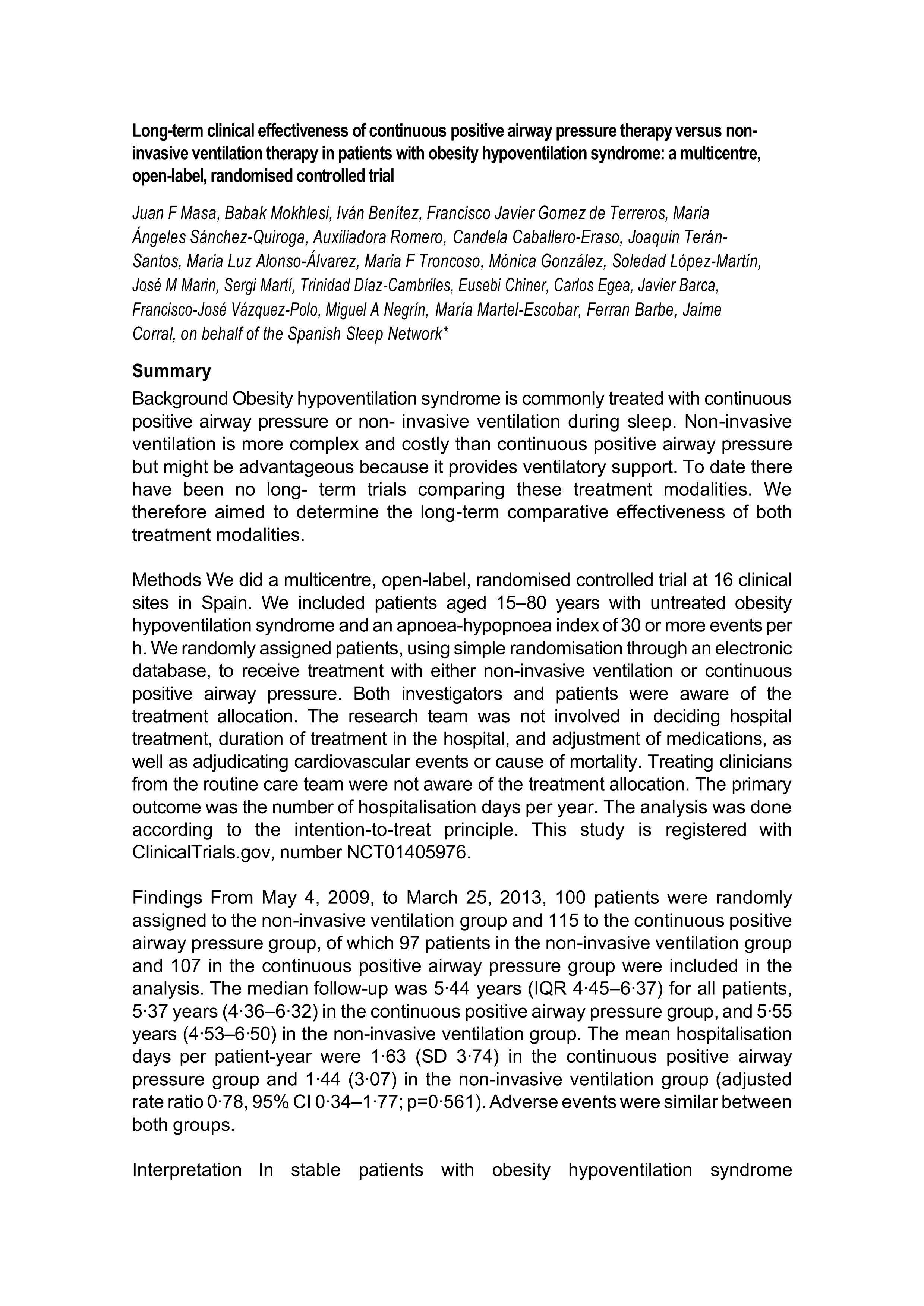 Long-term clinical effectiveness of continuous positive airway pressure therapy versus non-invasive ventilation therapy in patients with obesity hypoventilation syndrome: a multicentre, open-label, randomised controlled trial