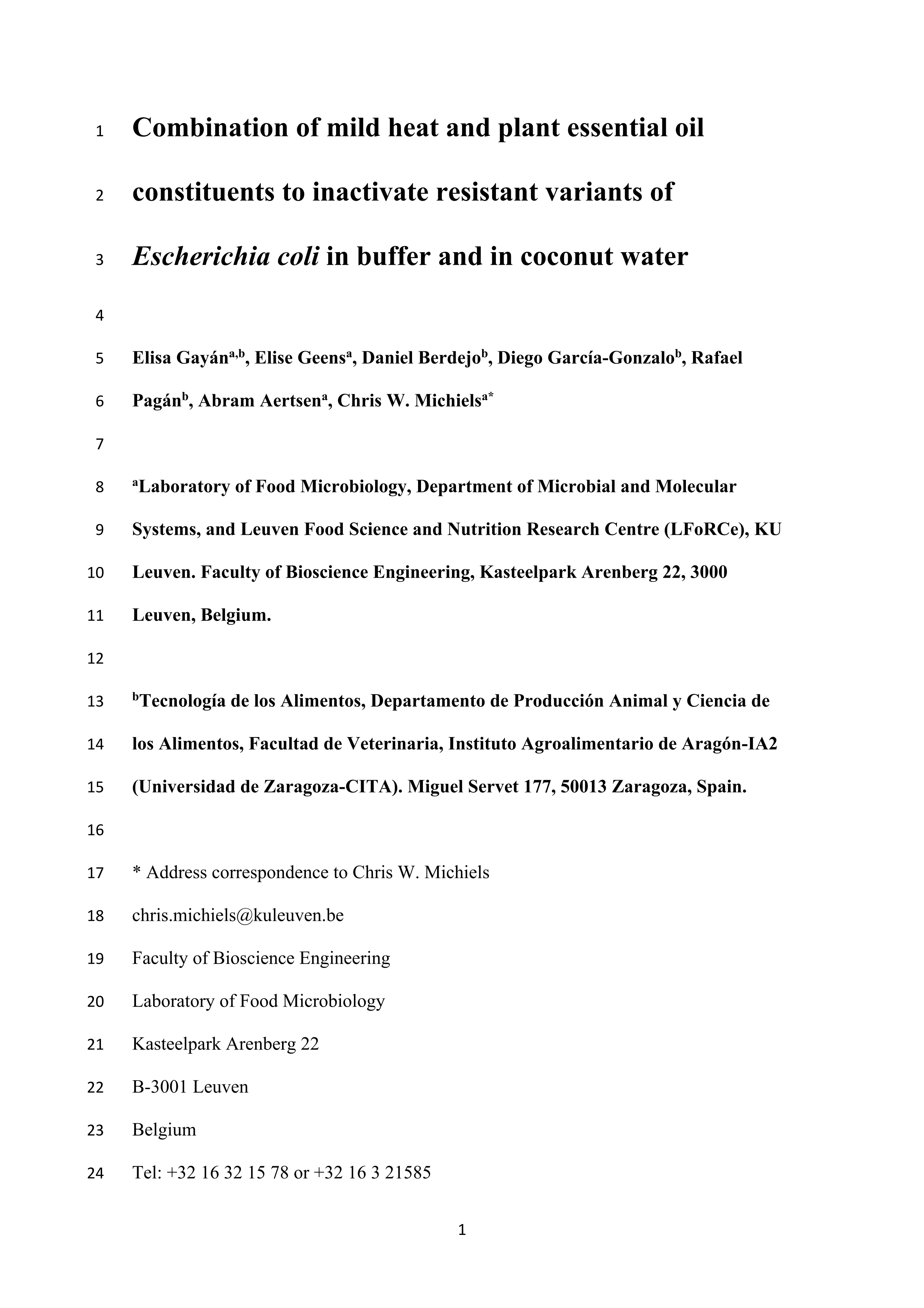 Combination of mild heat and plant essential oil constituents to inactivate resistant variants of Escherichia coli in buffer and in coconut water