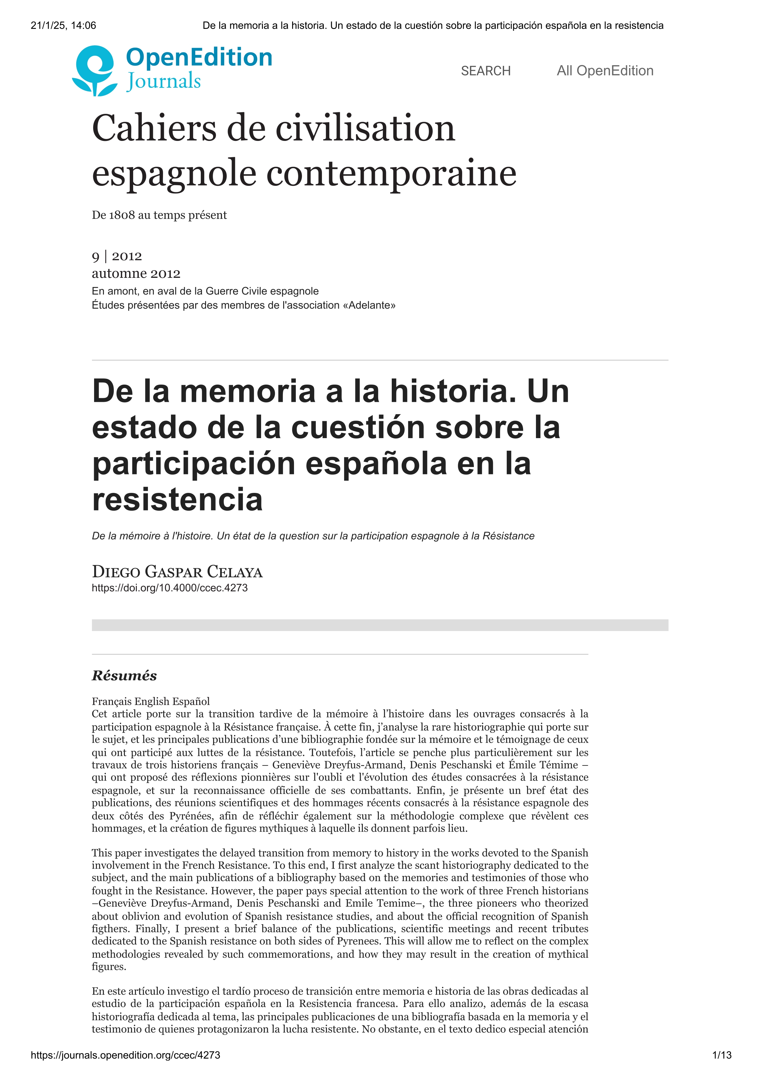 De la memoria a la historia. Un estado de la cuestión sobre la participación española en la Resistencia