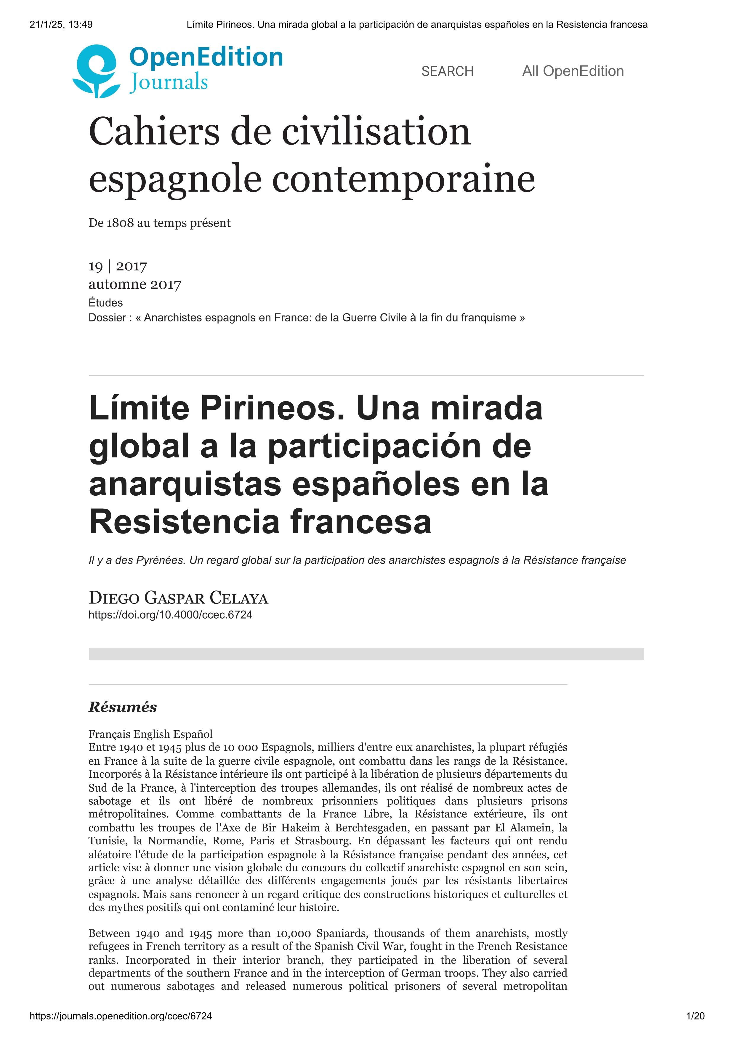 Límite Pirineos. Una mirada global a la participación de anarquistas españoles en la Resistencia francesa