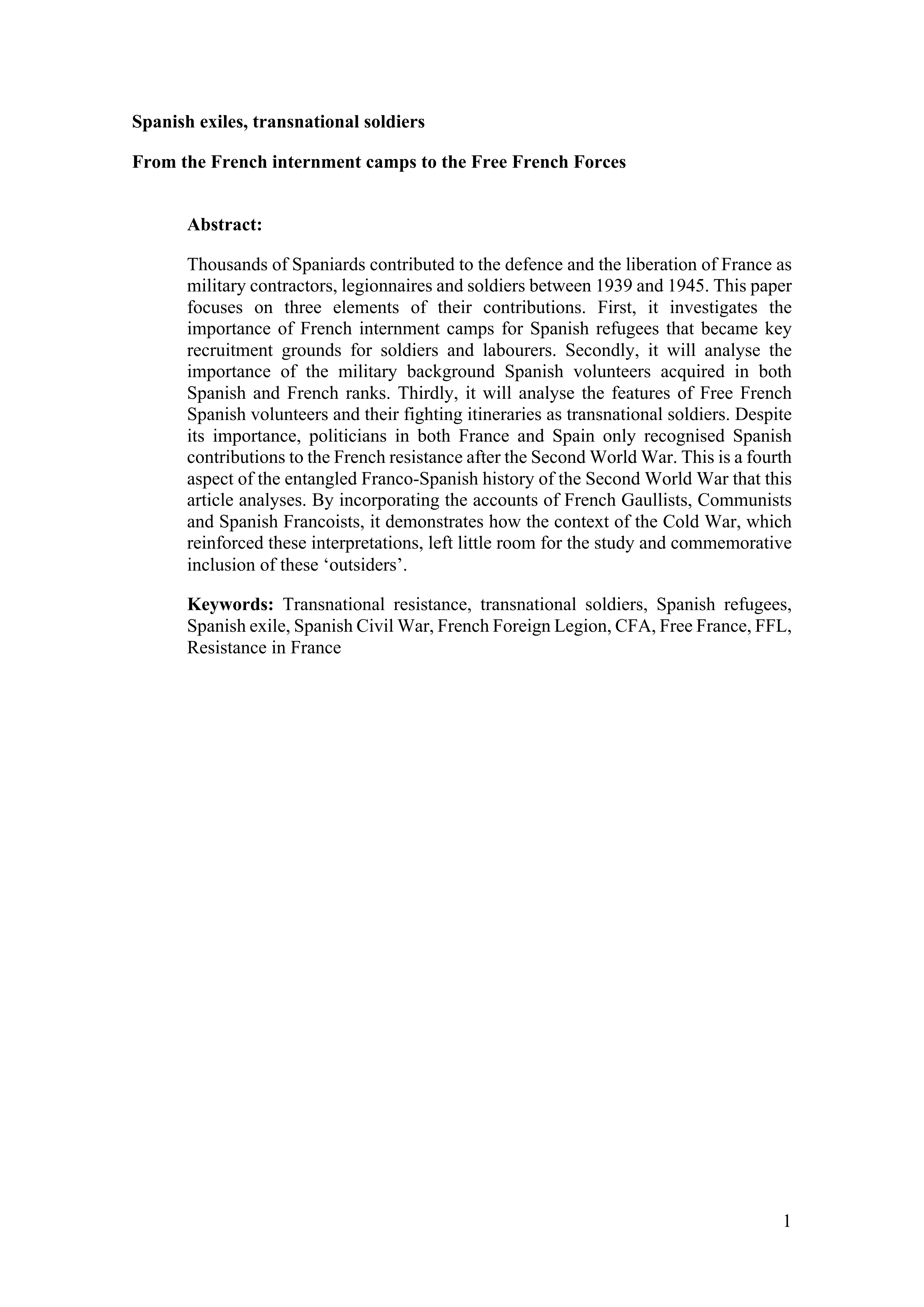 Spanish exiles, transnational soldiers from the French internment camps to the Free French Forces