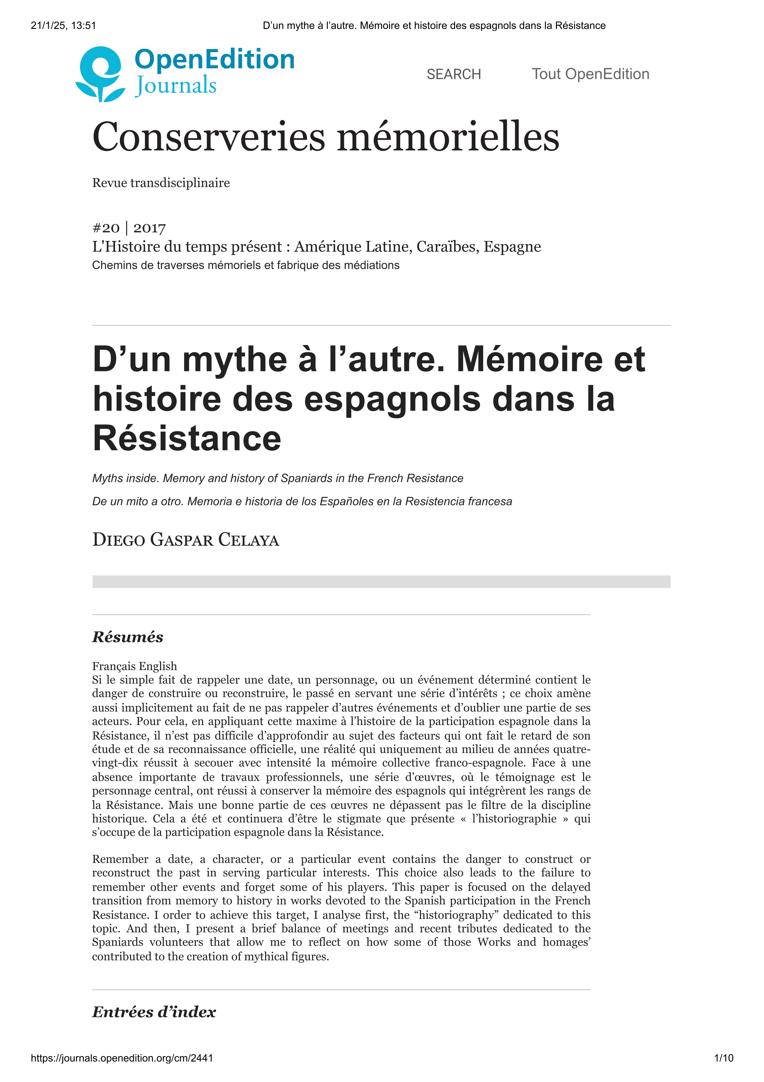 D'un mythe a l’autre. Mémoire et histoire des espagnols dans la Résistance