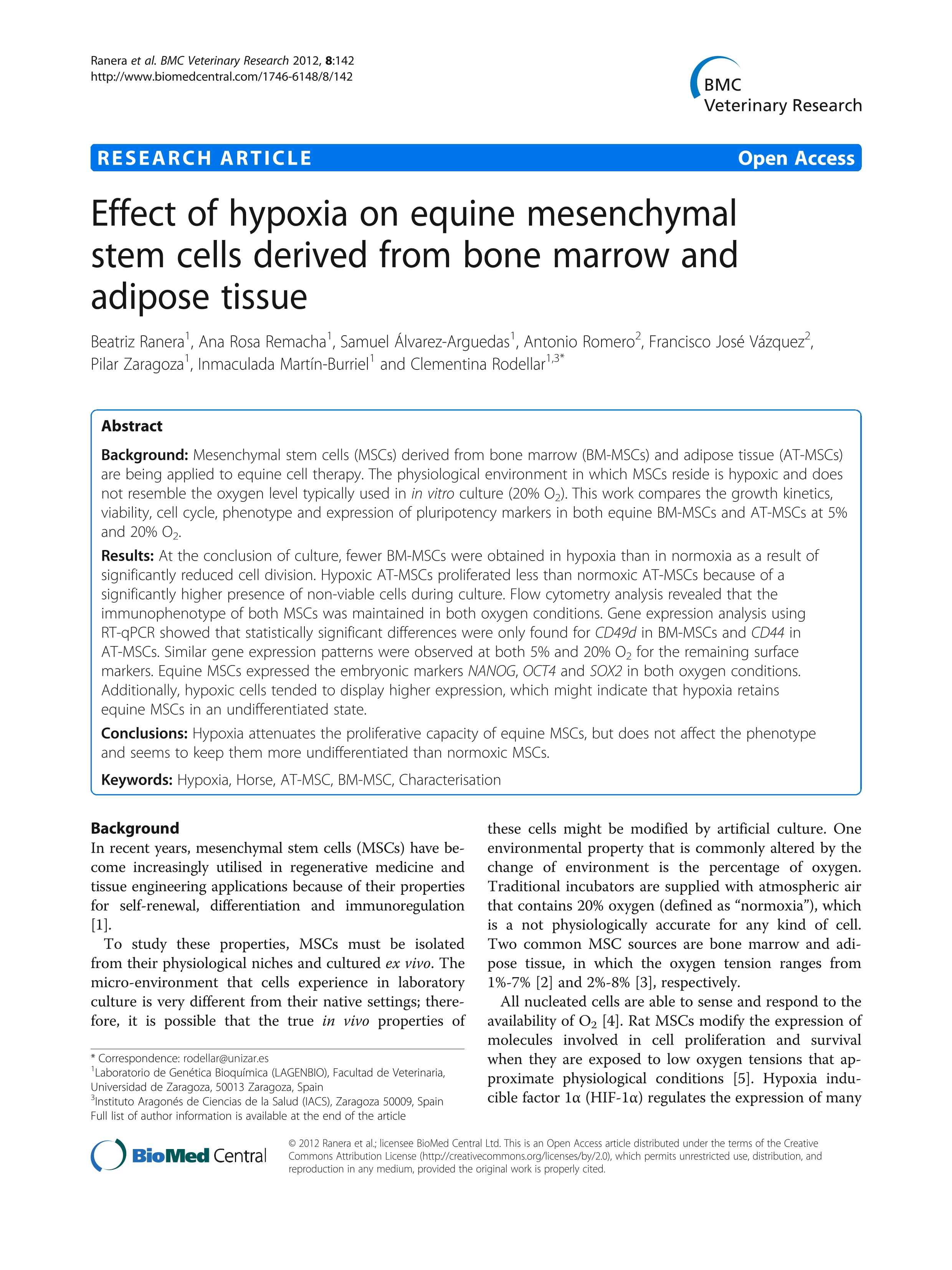 Effect of hypoxia on equine mesenchymal stem cells derived from bone marrow and adipose tissue