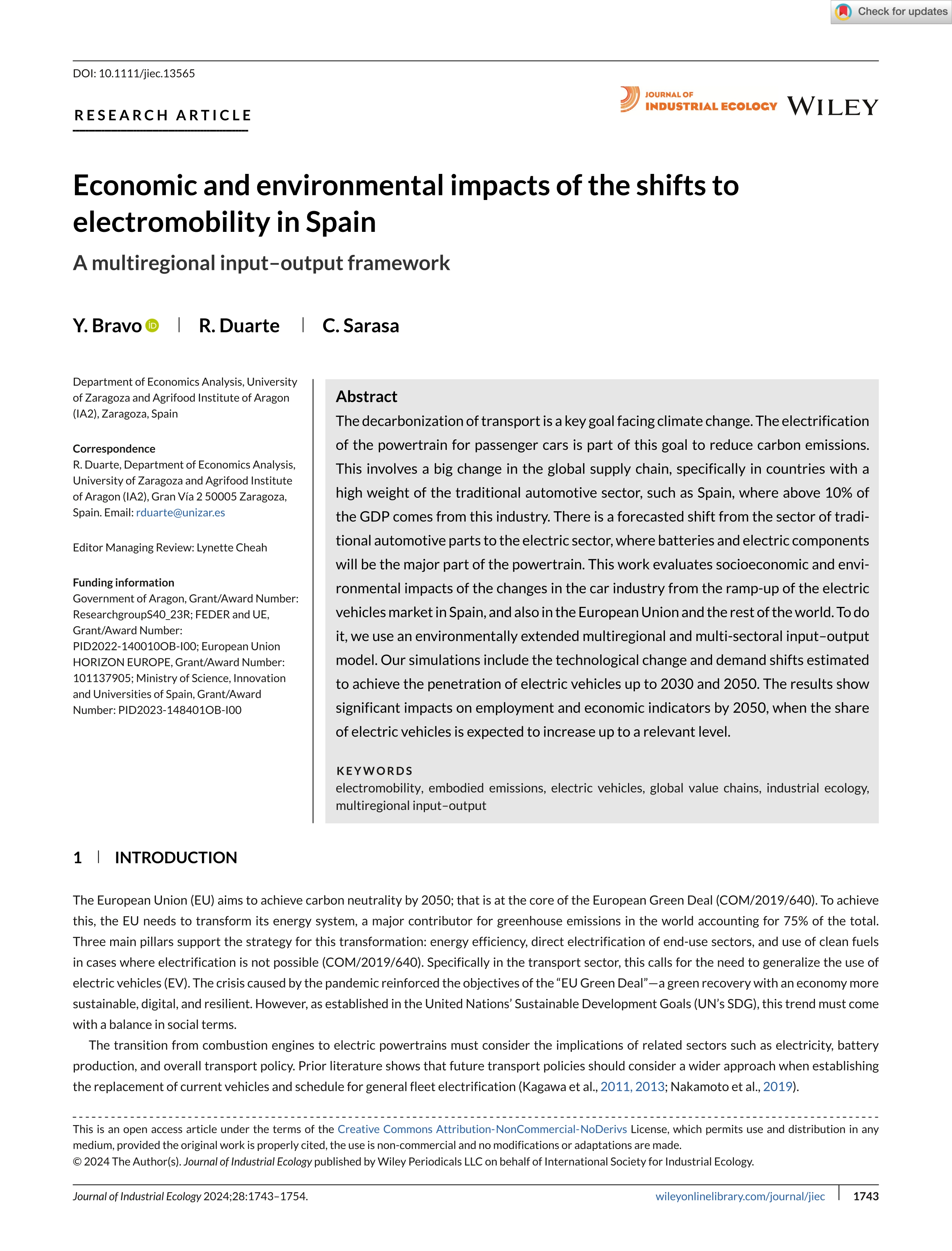 Economic and environmental impacts of the shifts to electromobility in Spain: A multiregional input–output framework