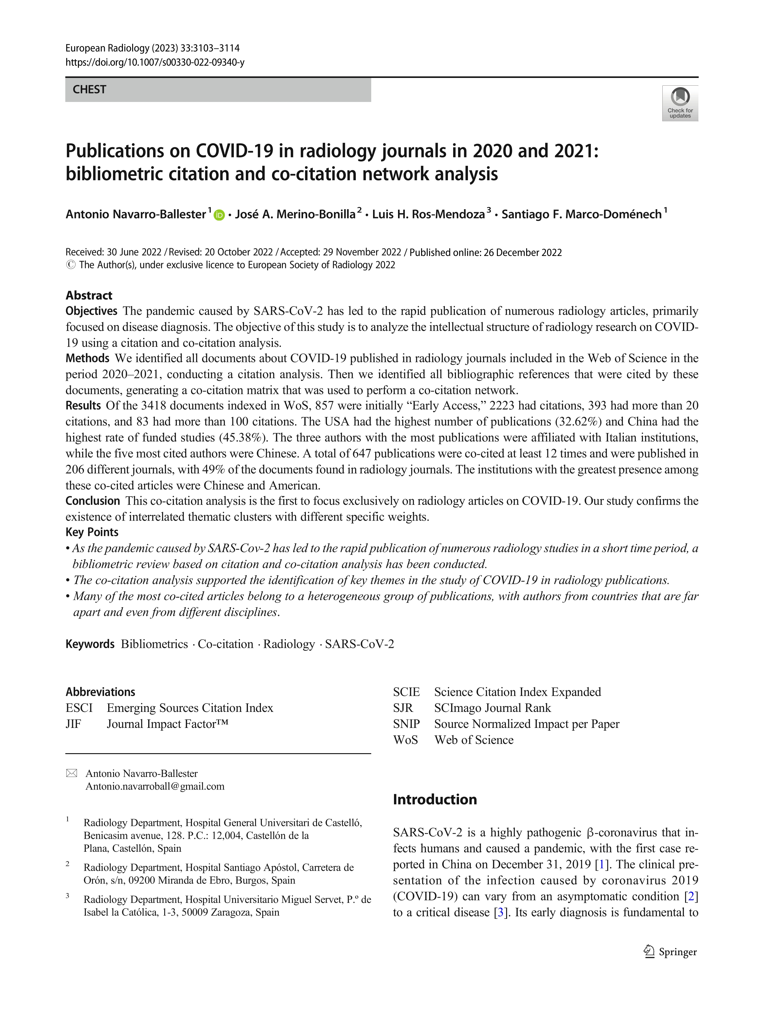 Publications on COVID-19 in radiology journals in 2020 and 2021: bibliometric citation and co-citation network analysis