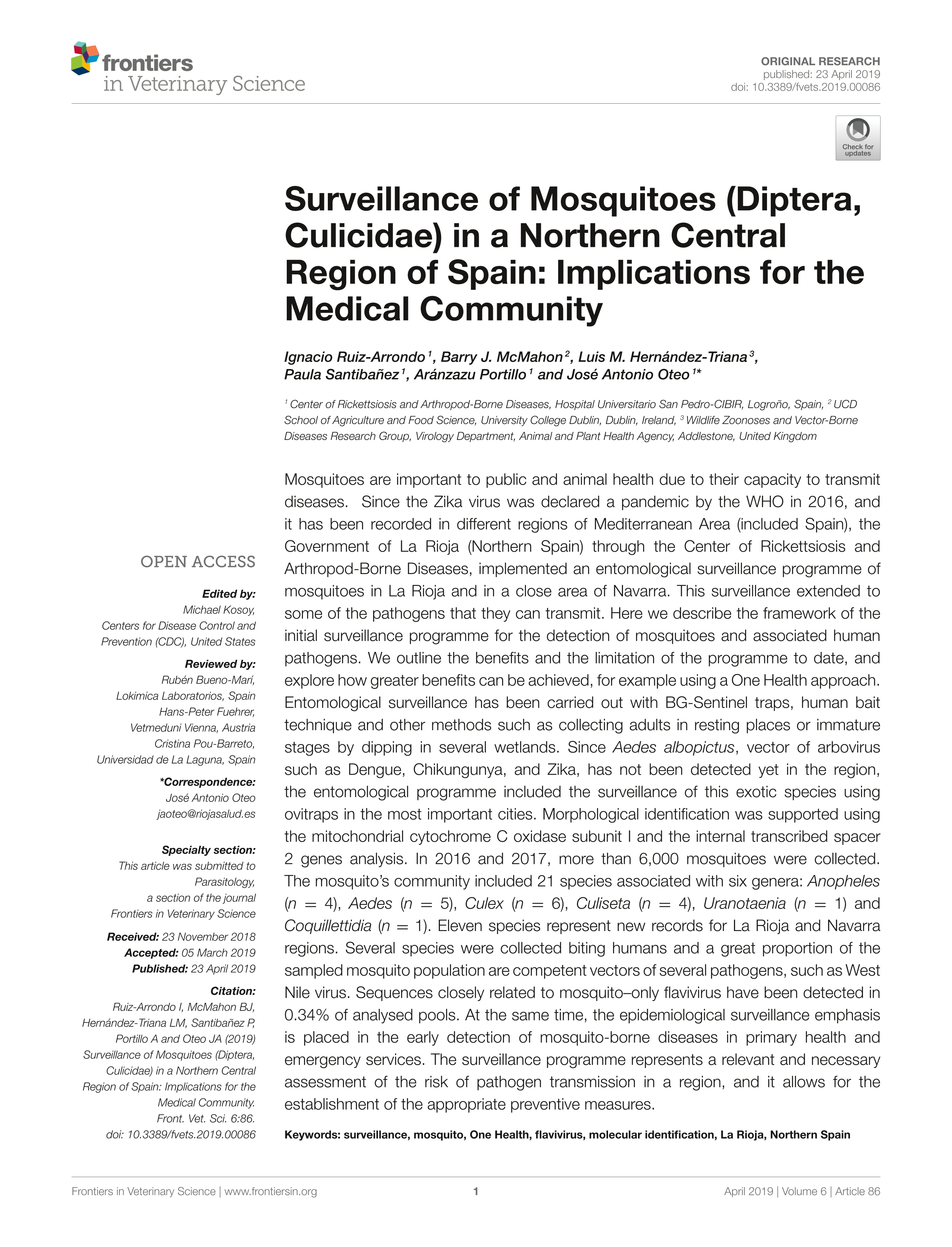 Surveillance of Mosquitoes (Diptera, Culicidae) in a Northern Central Region of Spain: Implications for the Medical Community