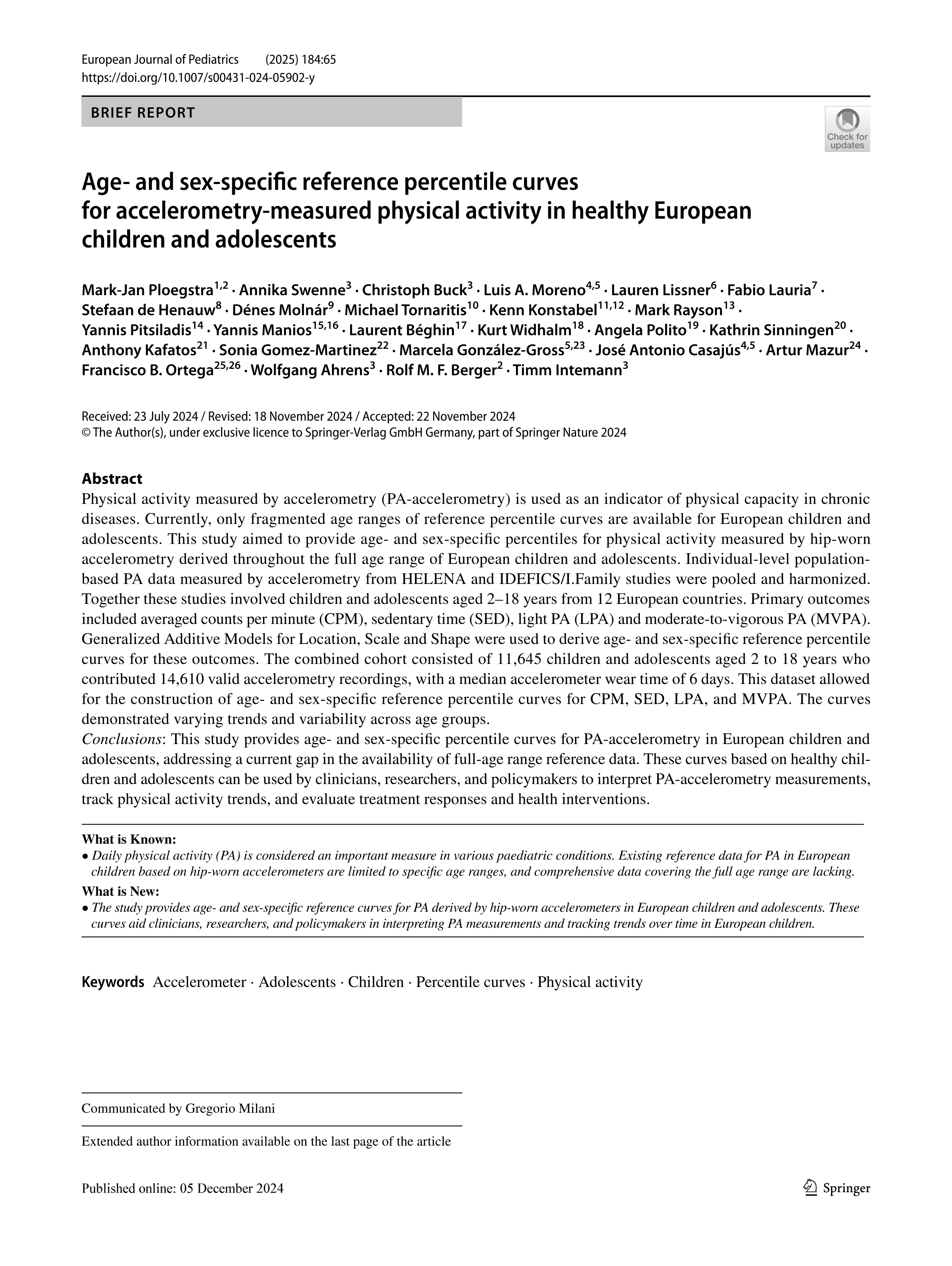 Age- and sex-specific reference percentile curves for accelerometry-measured physical activity in healthy European children and adolescents
