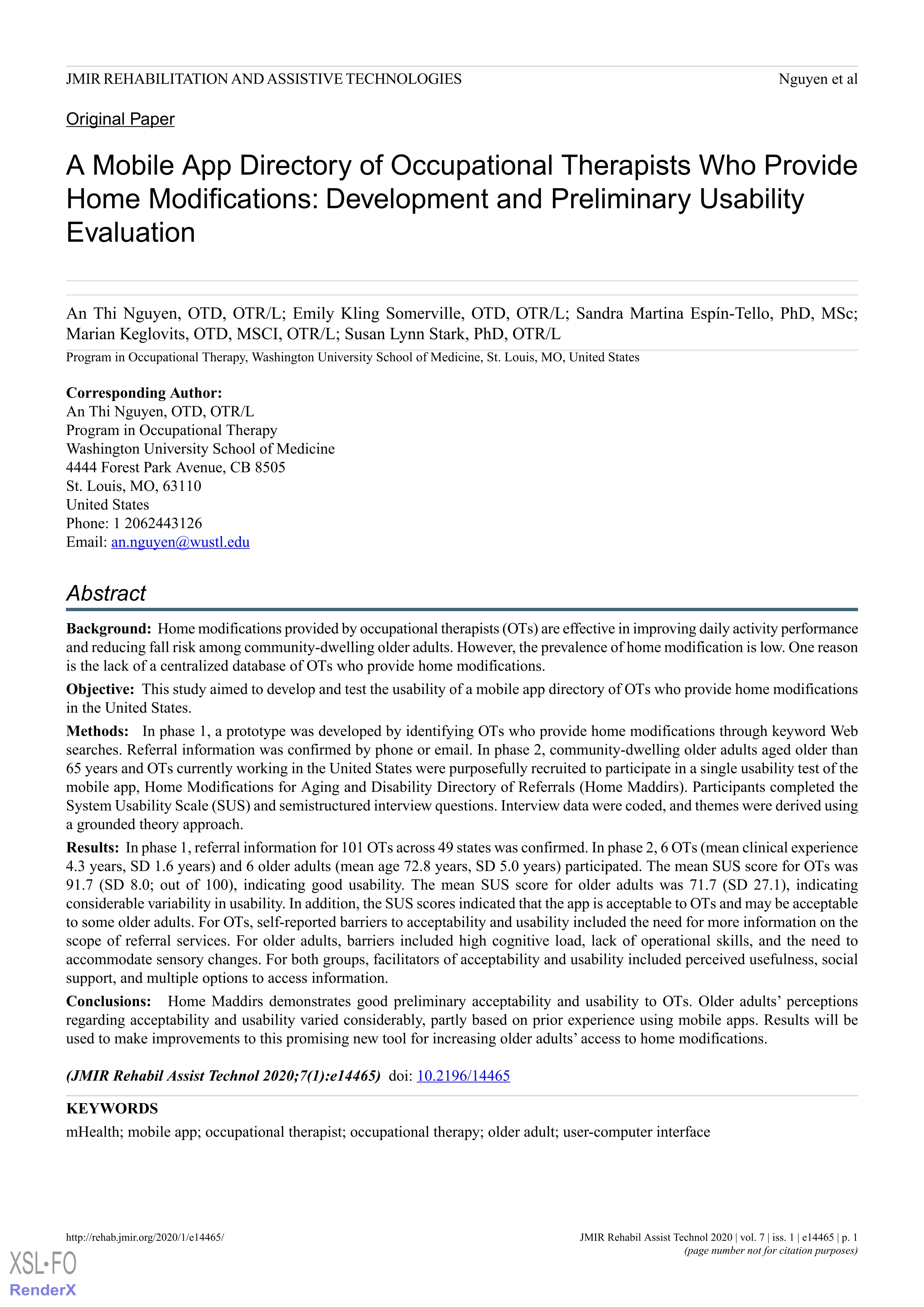 A Mobile App Directory of Occupational Therapists Who Provide Home Modifications: Development and Preliminary Usability Evaluation