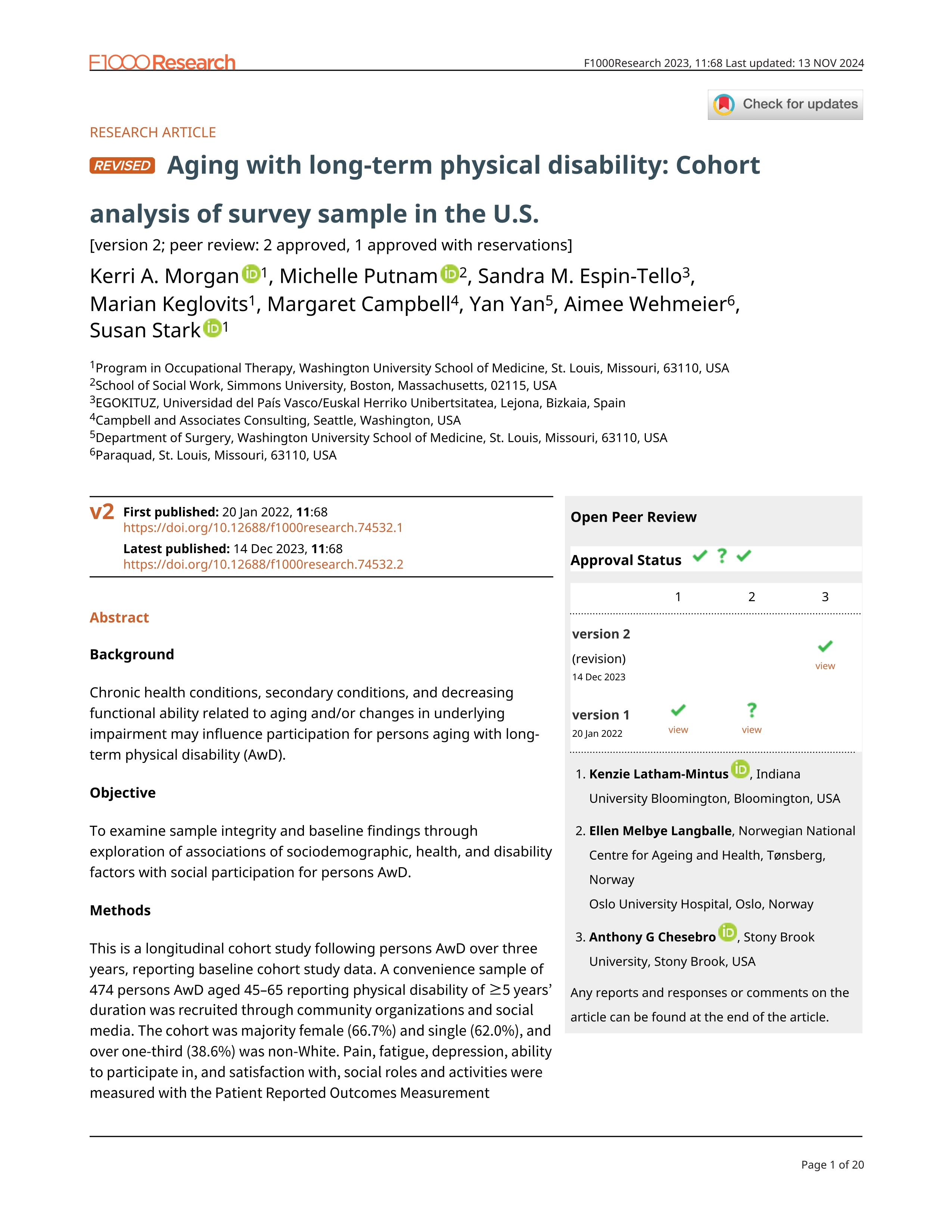 Aging with long-term physical disability: Cohort analysis of survey sample in the U.S.