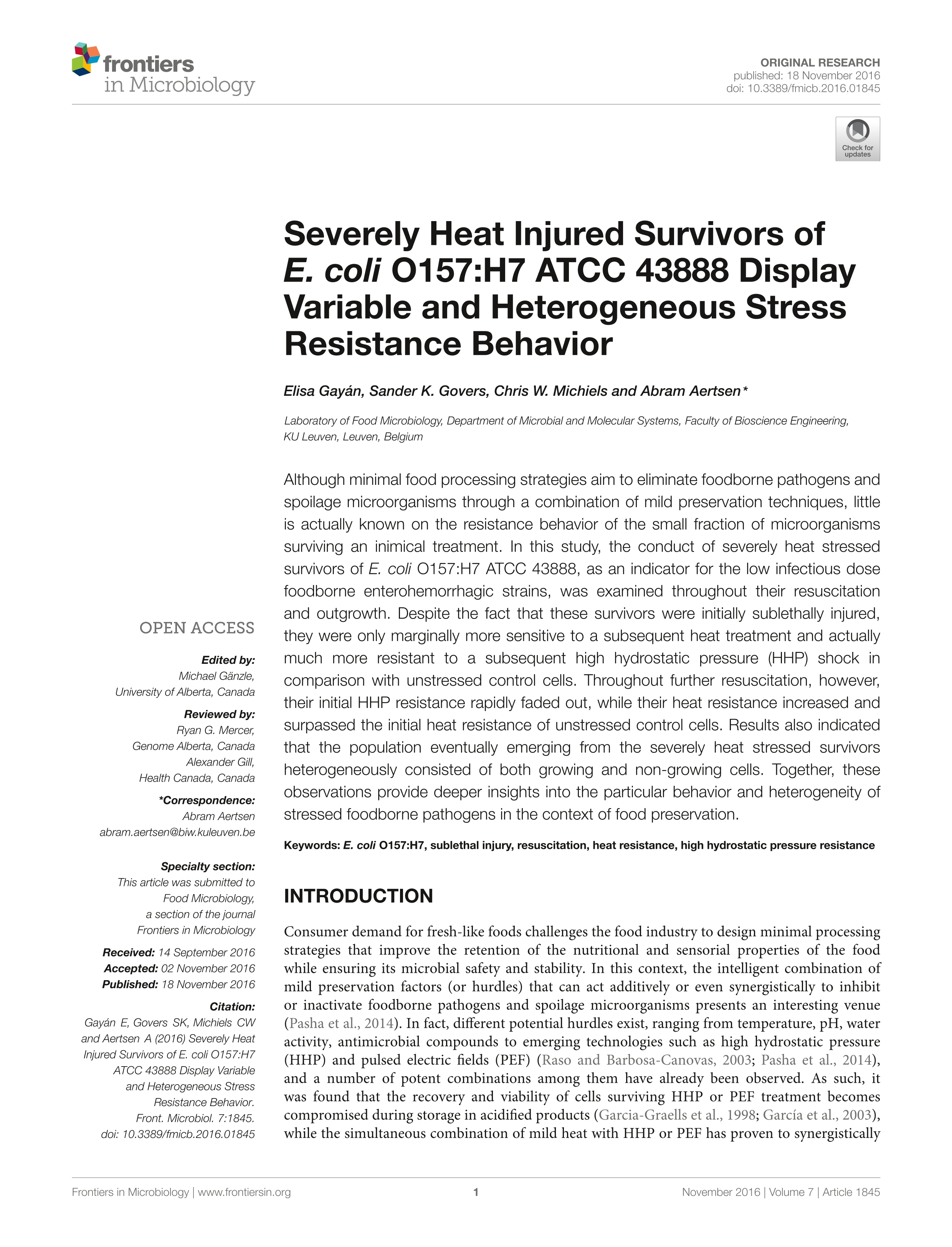 Severely Heat Injured Survivors of E. coli O157:H7 ATCC 43888 Display Variable and Heterogeneous Stress Resistance Behavior