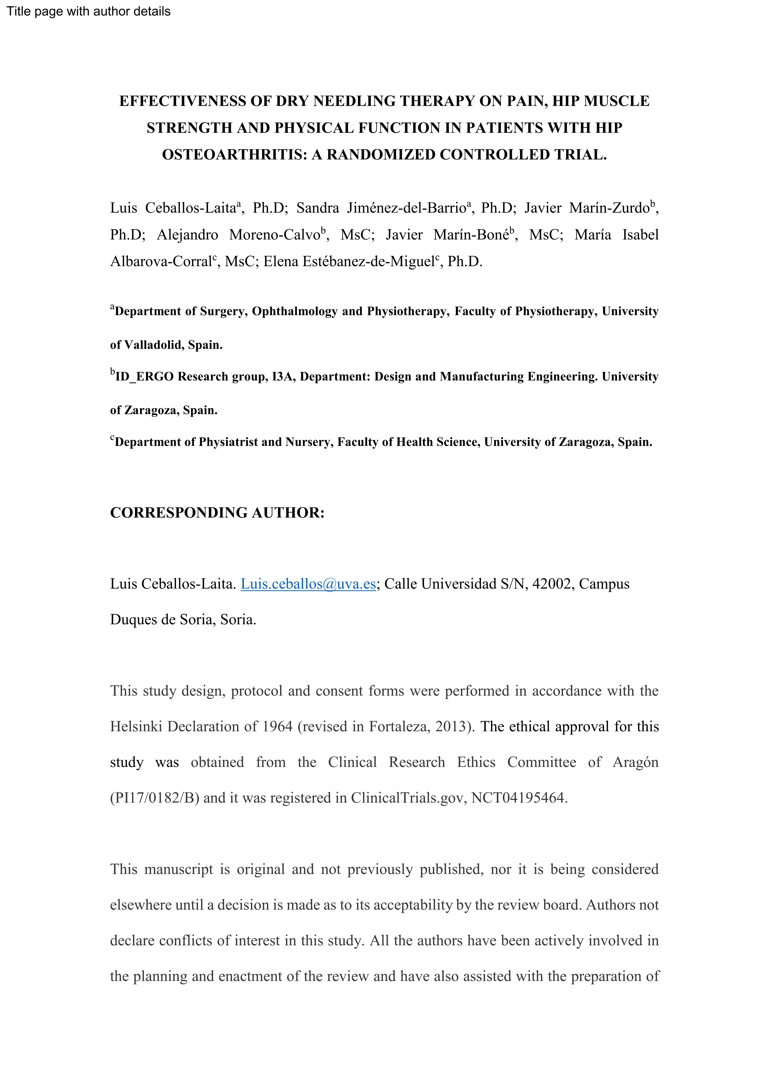 Effectiveness of dry needling therapy on pain, hip muscle strength and physical function in patients with hip osteoarthritis: a randomized controlled trial