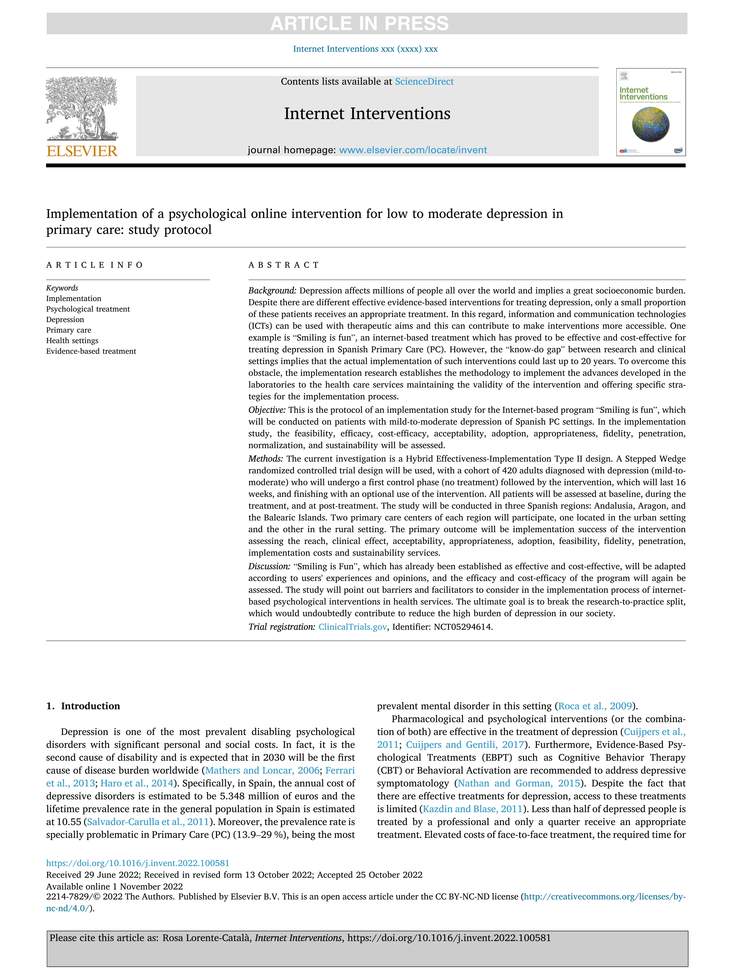 Implementation of a psychological online intervention for low to moderate depression in primary care: study protocol