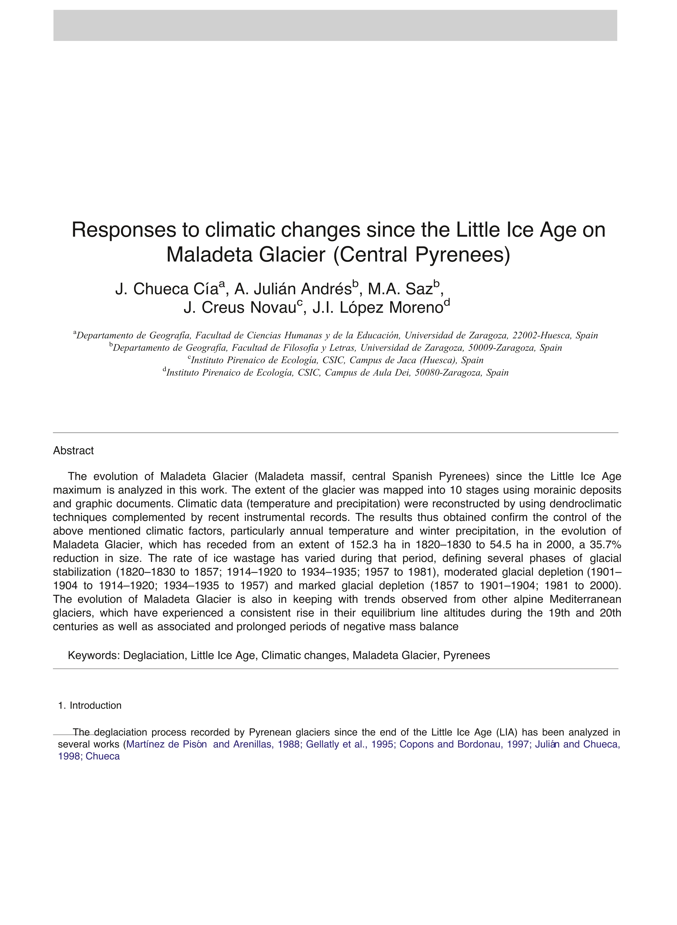 Responses to Climatic Changes Since the Little Ice Age on Maladeta Glacier (Central Pyrenees)