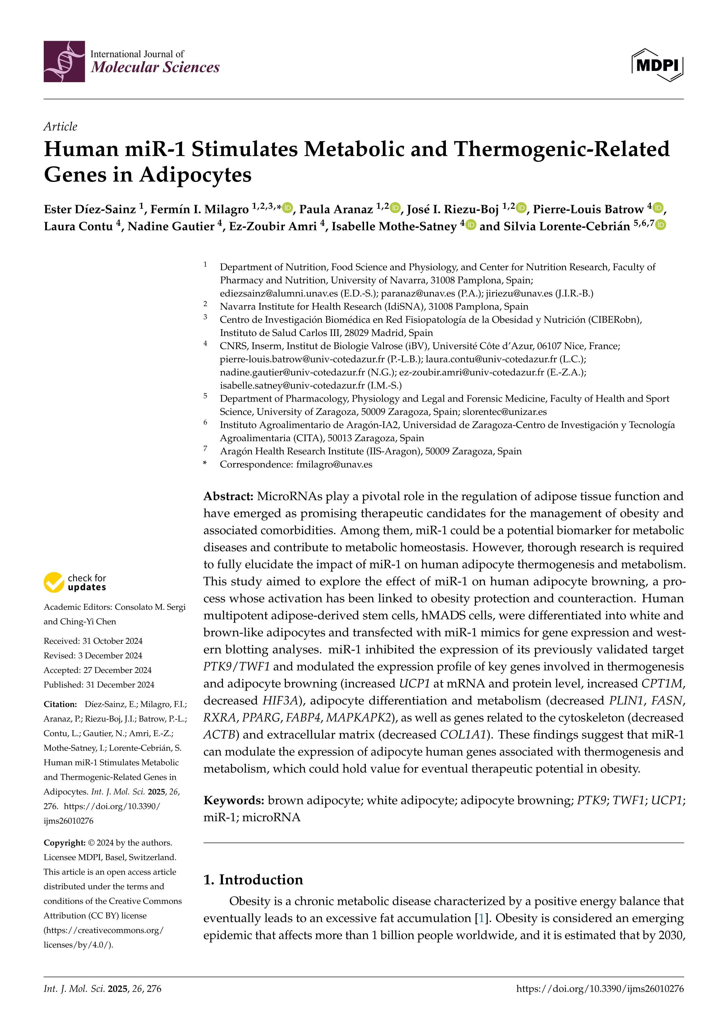 Human miR-1 Stimulates Metabolic and Thermogenic-Related Genes in Adipocytes