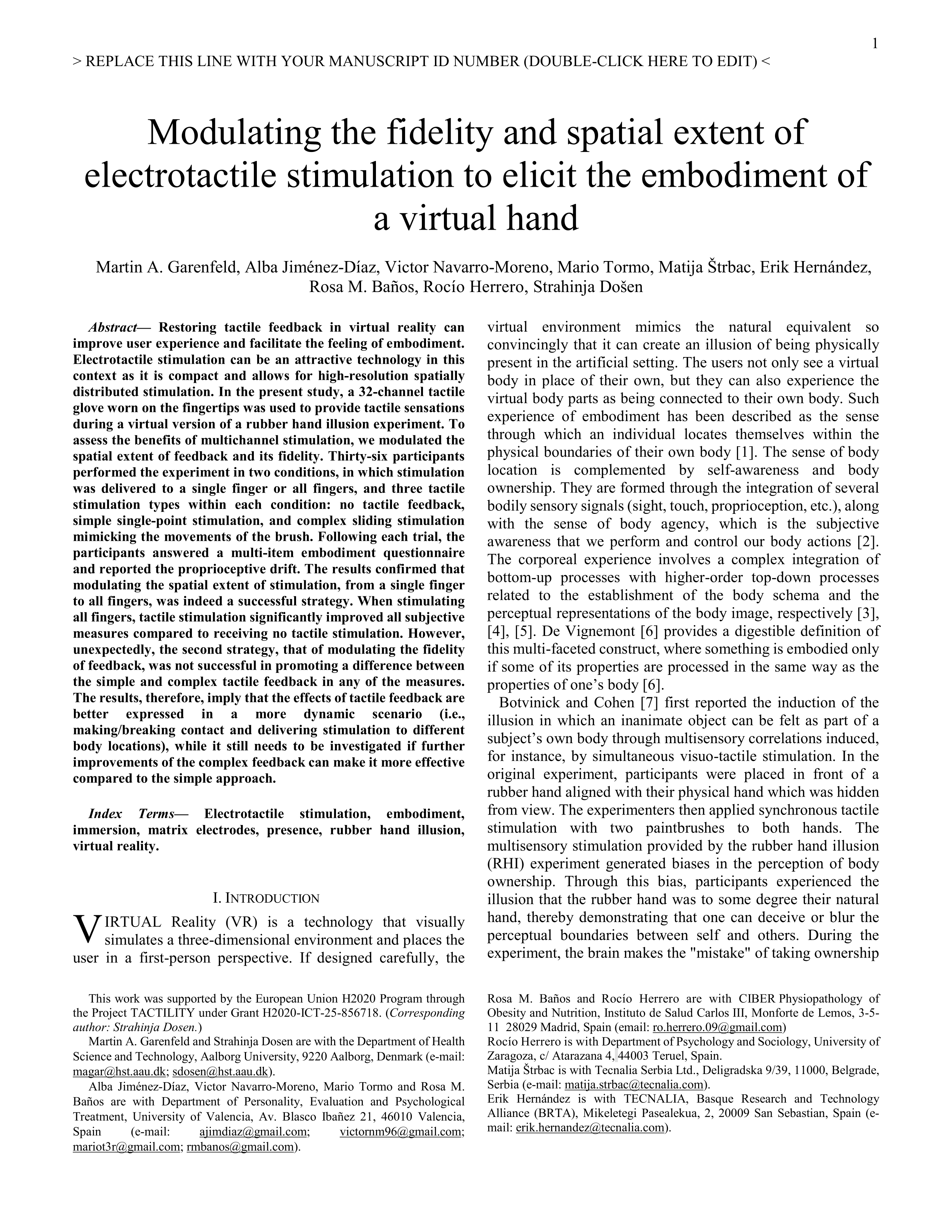 Modulating the Fidelity and Spatial Extent of Electrotactile Stimulation to Elicit the Embodiment of a Virtual Hand