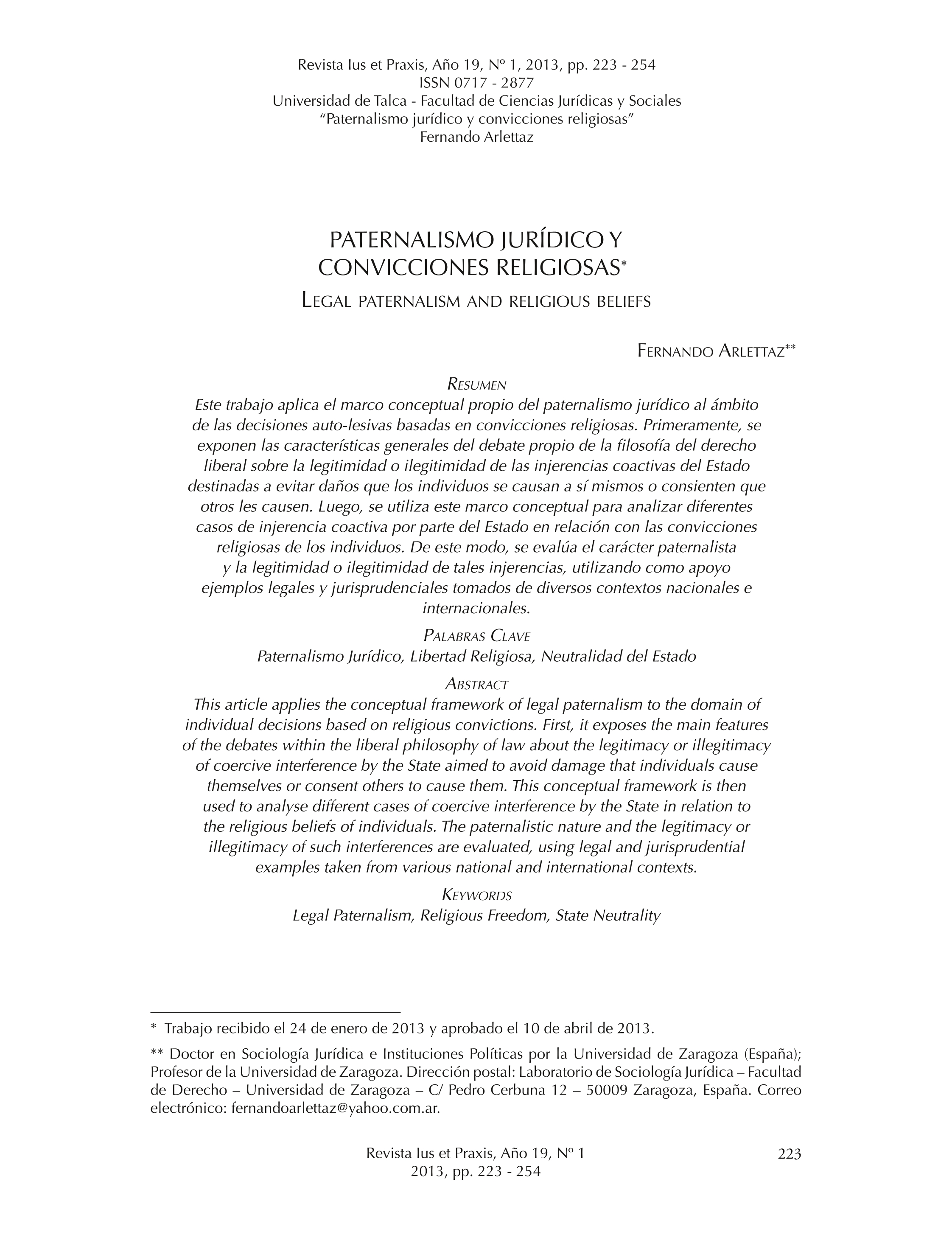 Paternalismo jurídico y convicciones religiosas
