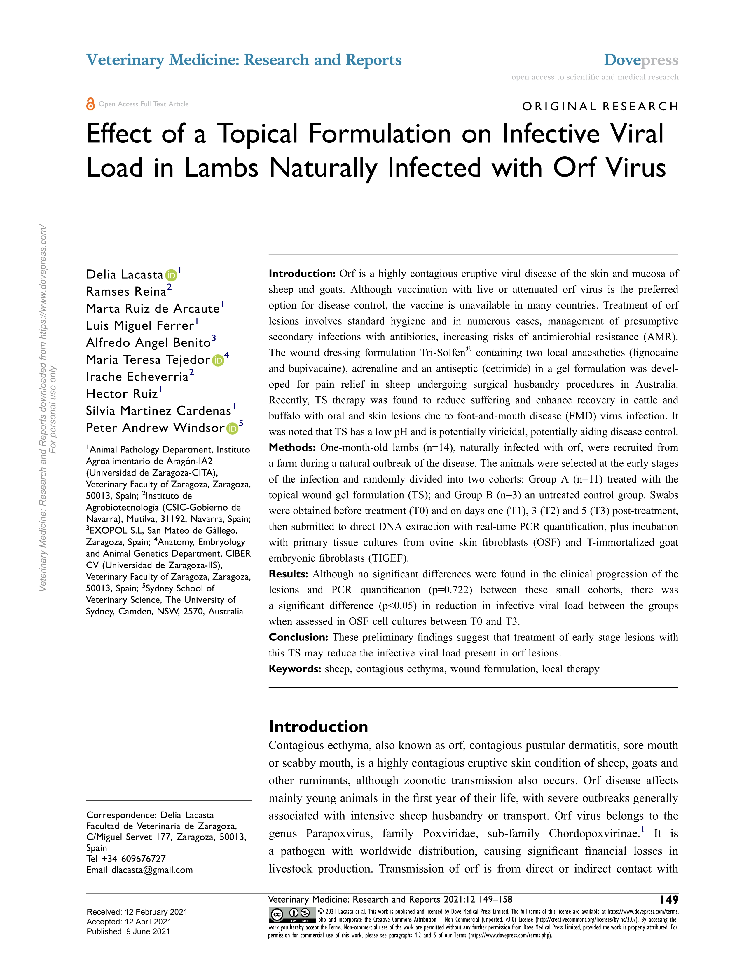 Effect of a Topical Formulation on Infective Viral Load in Lambs Naturally Infected with Orf Virus