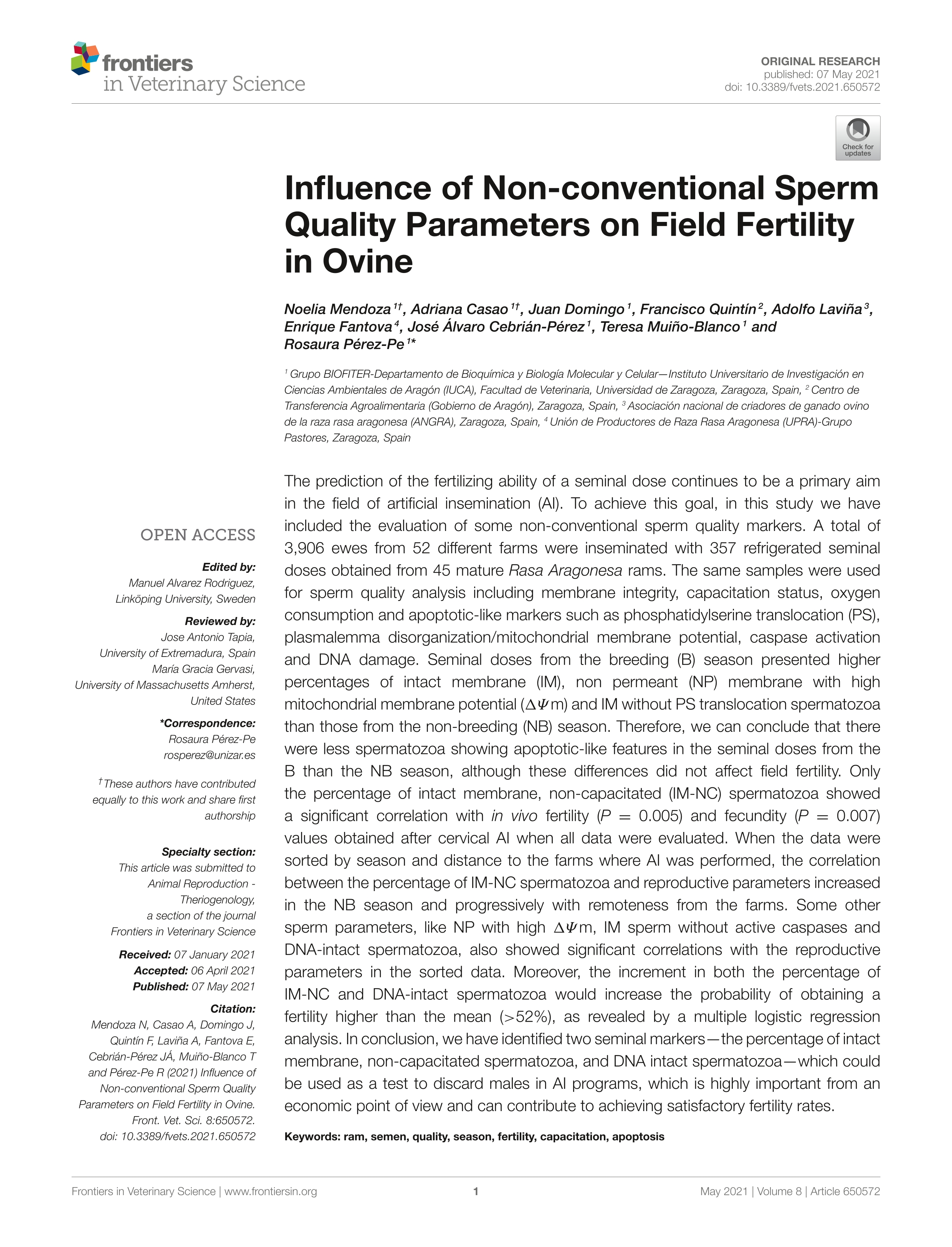 Influence of Non-conventional Sperm Quality Parameters on Field Fertility in Ovine