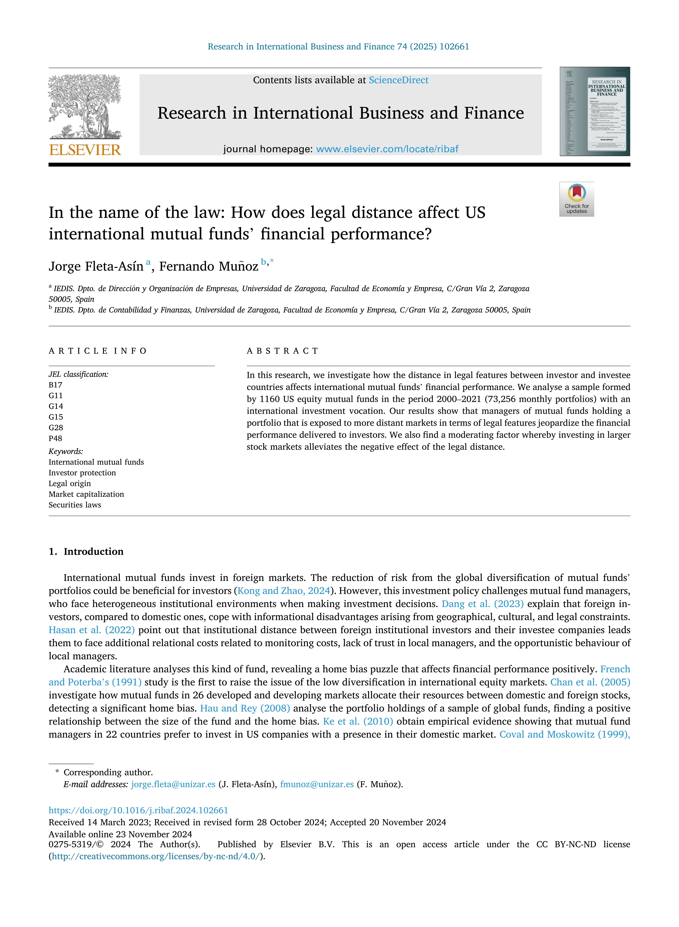 In the name of the law: How does legal distance affect US international mutual funds’ financial performance?