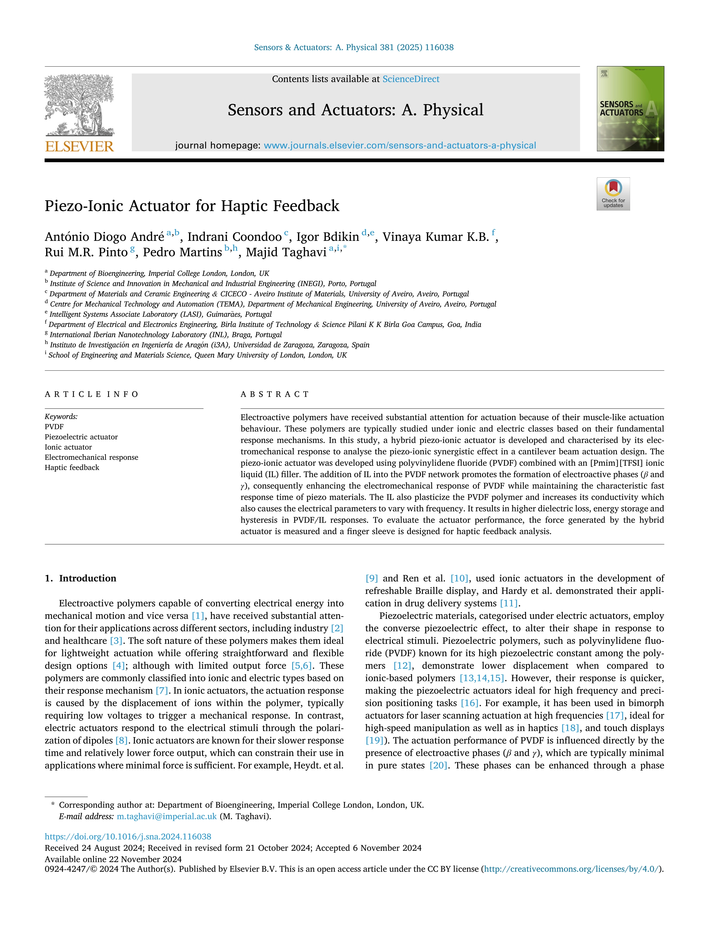 Piezo-Ionic Actuator for Haptic Feedback