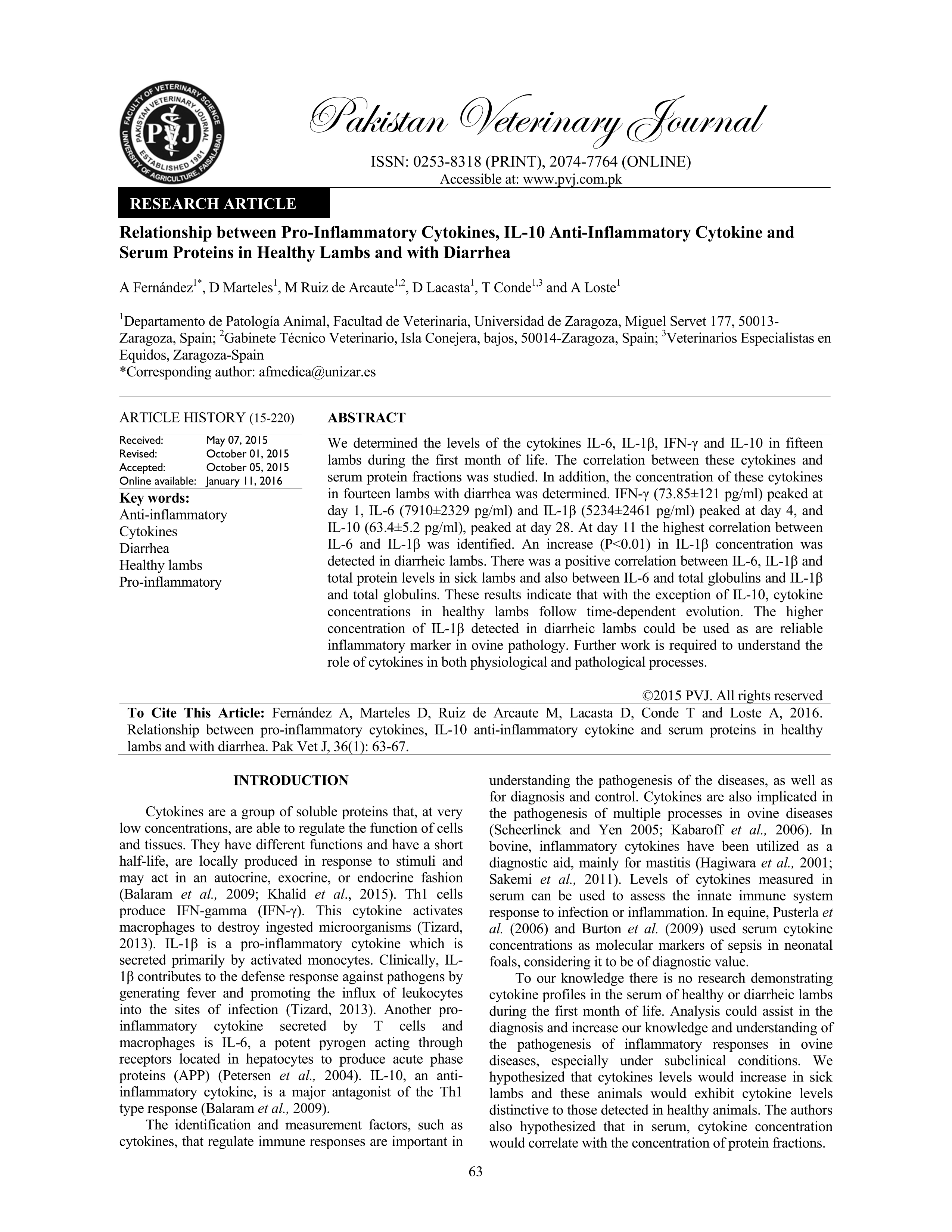 Relationship between pro-inflammatory cytokines, IL-10 anti-inflammatory cytokine and serum proteins in healthy lambs and with diarrhea