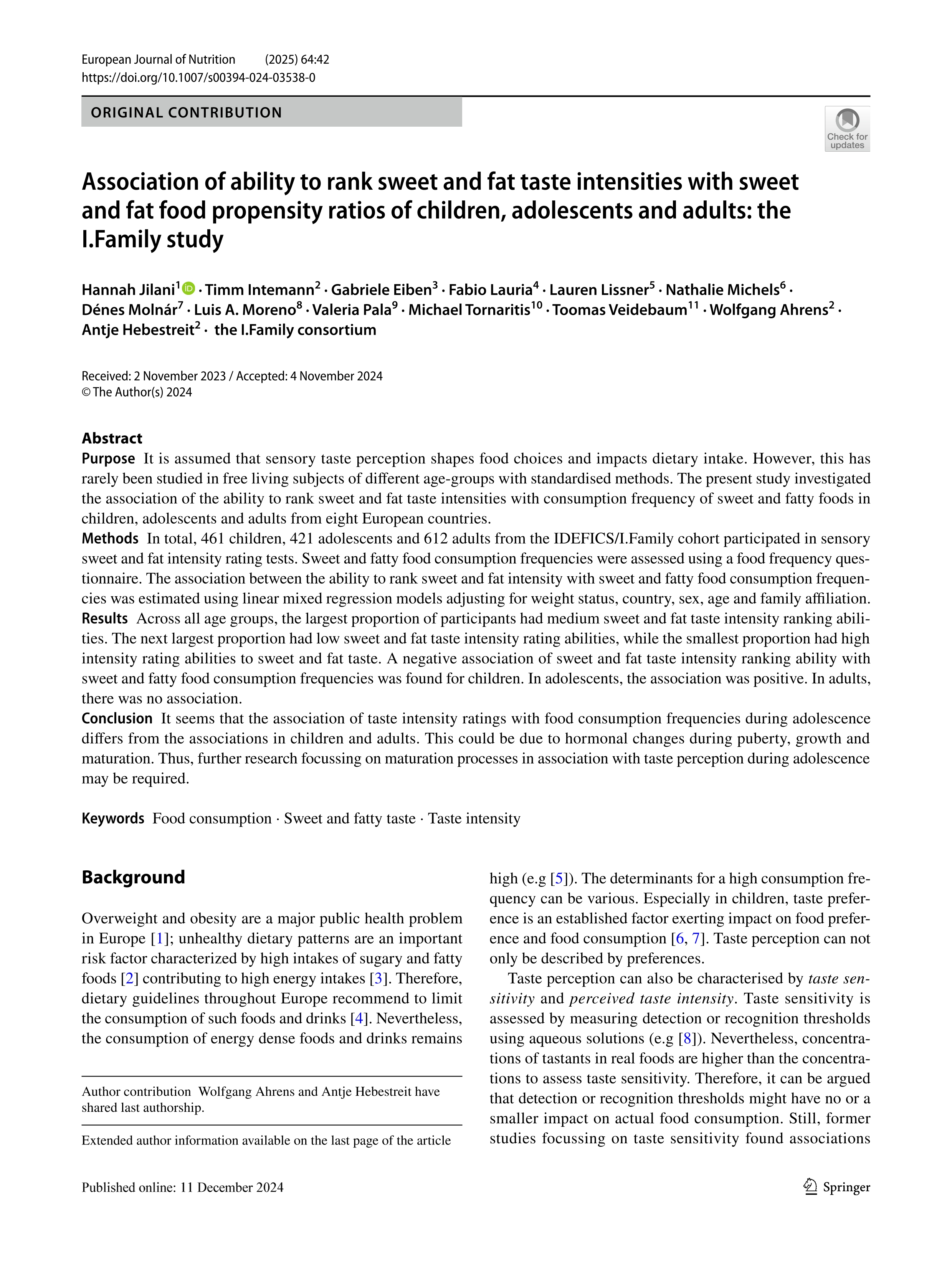 Association of ability to rank sweet and fat taste intensities with sweet and fat food propensity ratios of children, adolescents and adults: the I.Family study