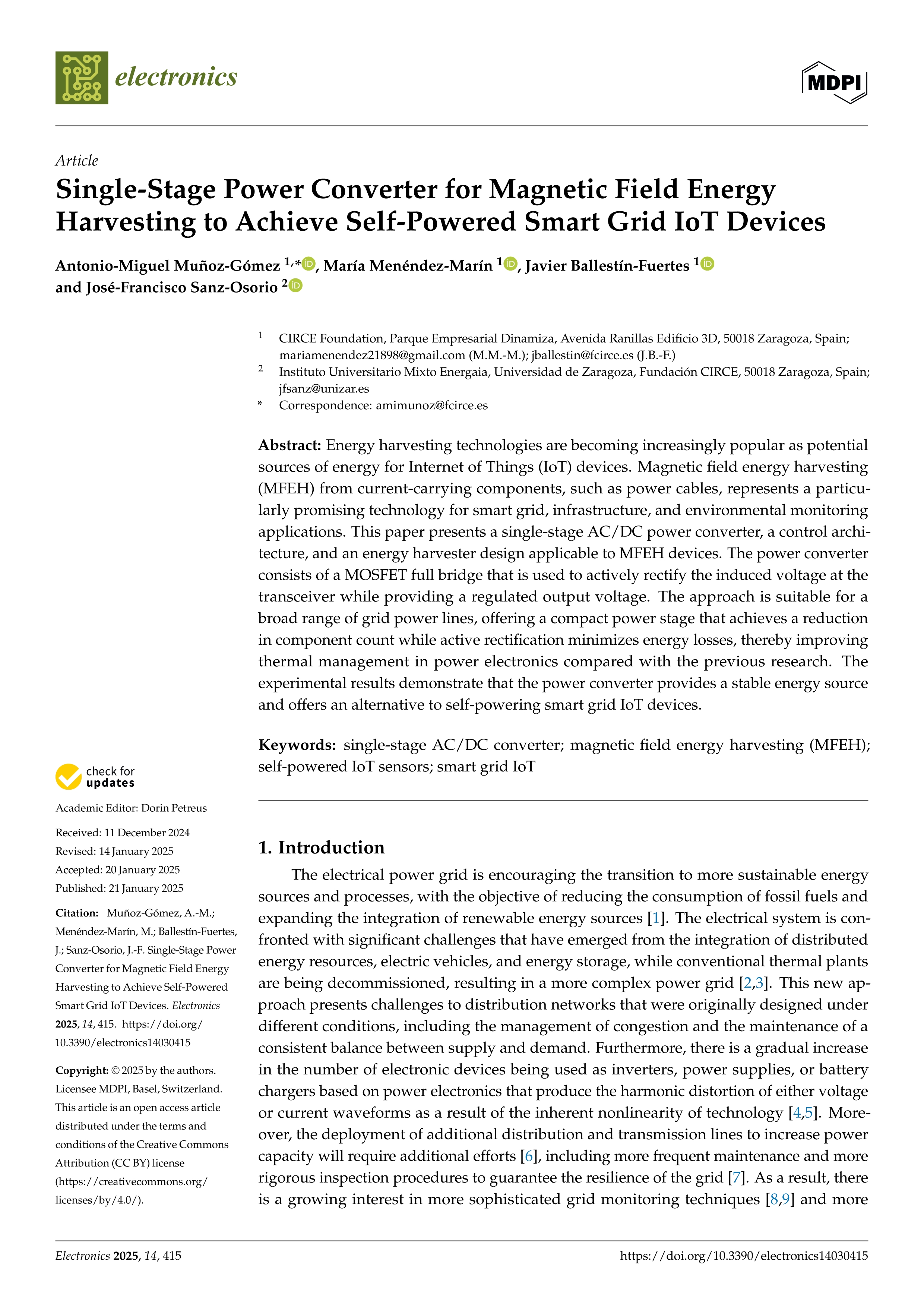 Single-stage power converter for magnetic field energy harvesting to achieve self-powered smart grid iot devices