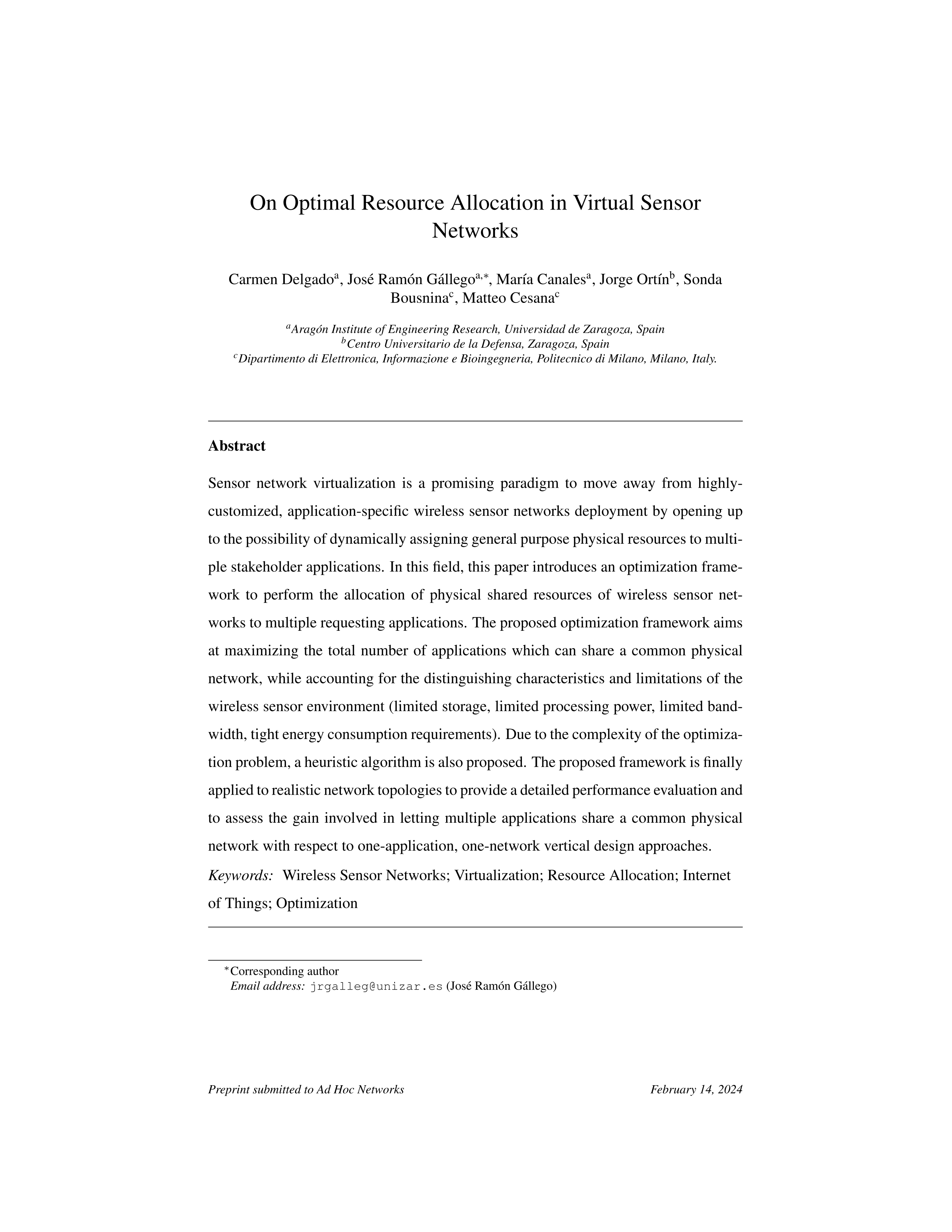 On optimal resource allocation in virtual sensor networks