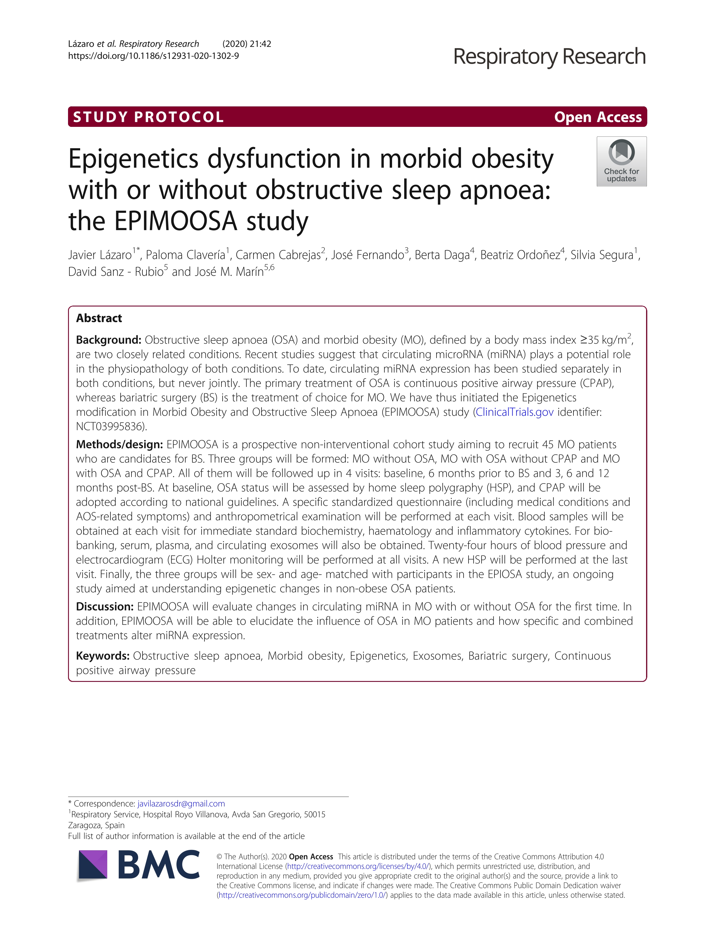 Epigenetics dysfunction in morbid obesity with or without obstructive sleep apnoea: the EPIMOOSA study