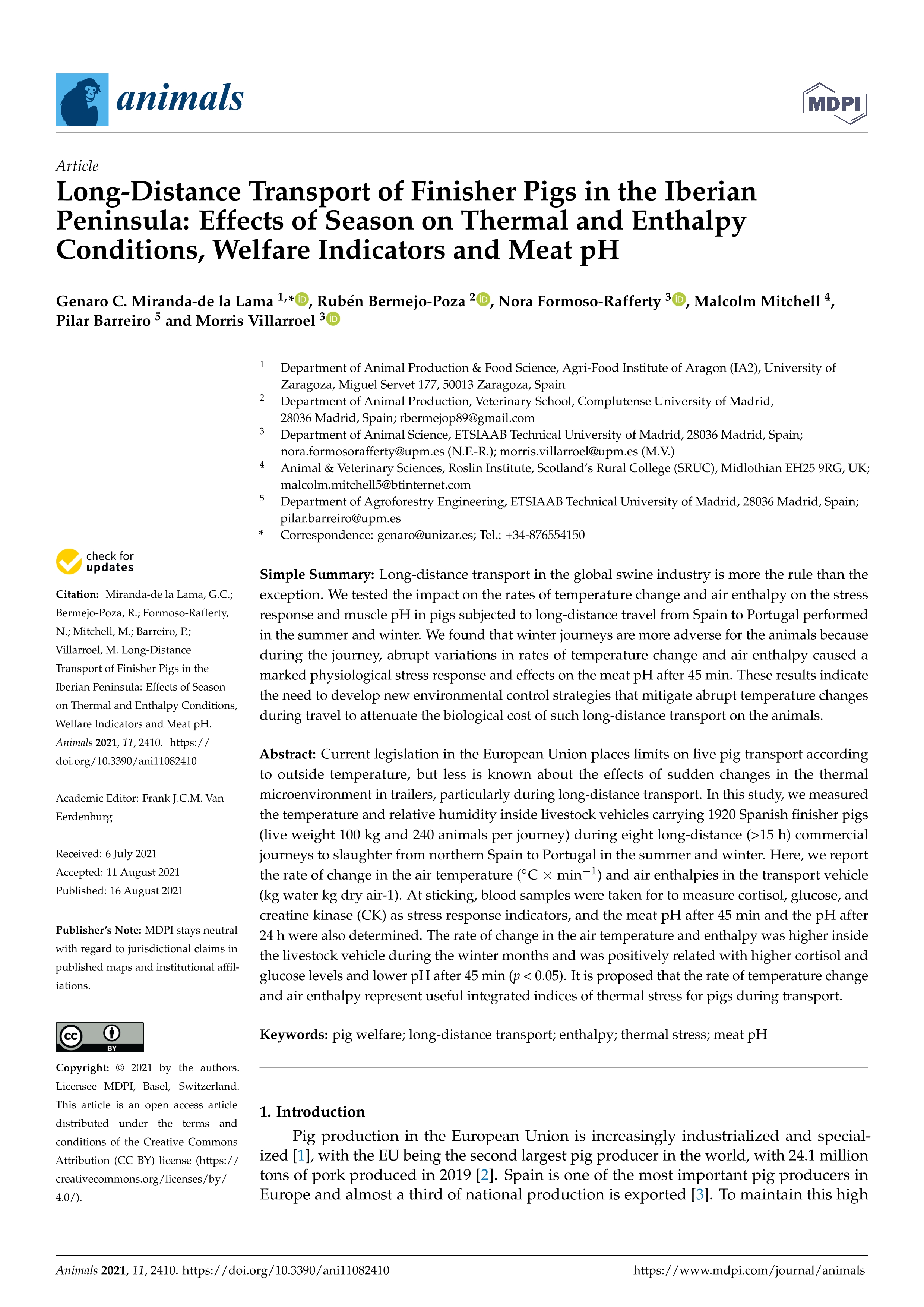 Long-distance transport of finisher pigs in the iberian Peninsula: Effects of season on thermal and enthalpy conditions, welfare indicators and meat ph