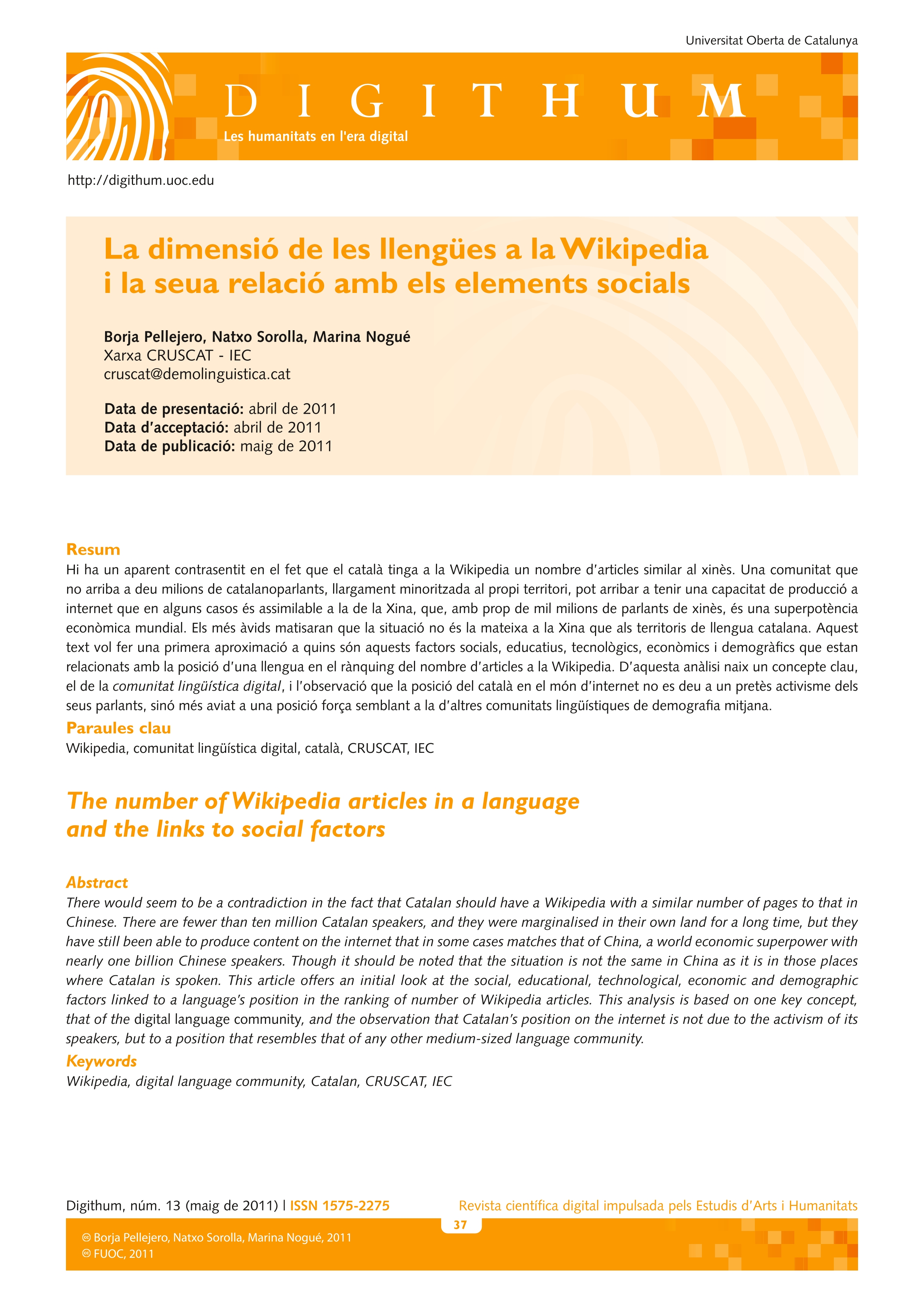 Estudi sobre la dimensió de les llengües a la Wikipedia i la relació amb elements socials