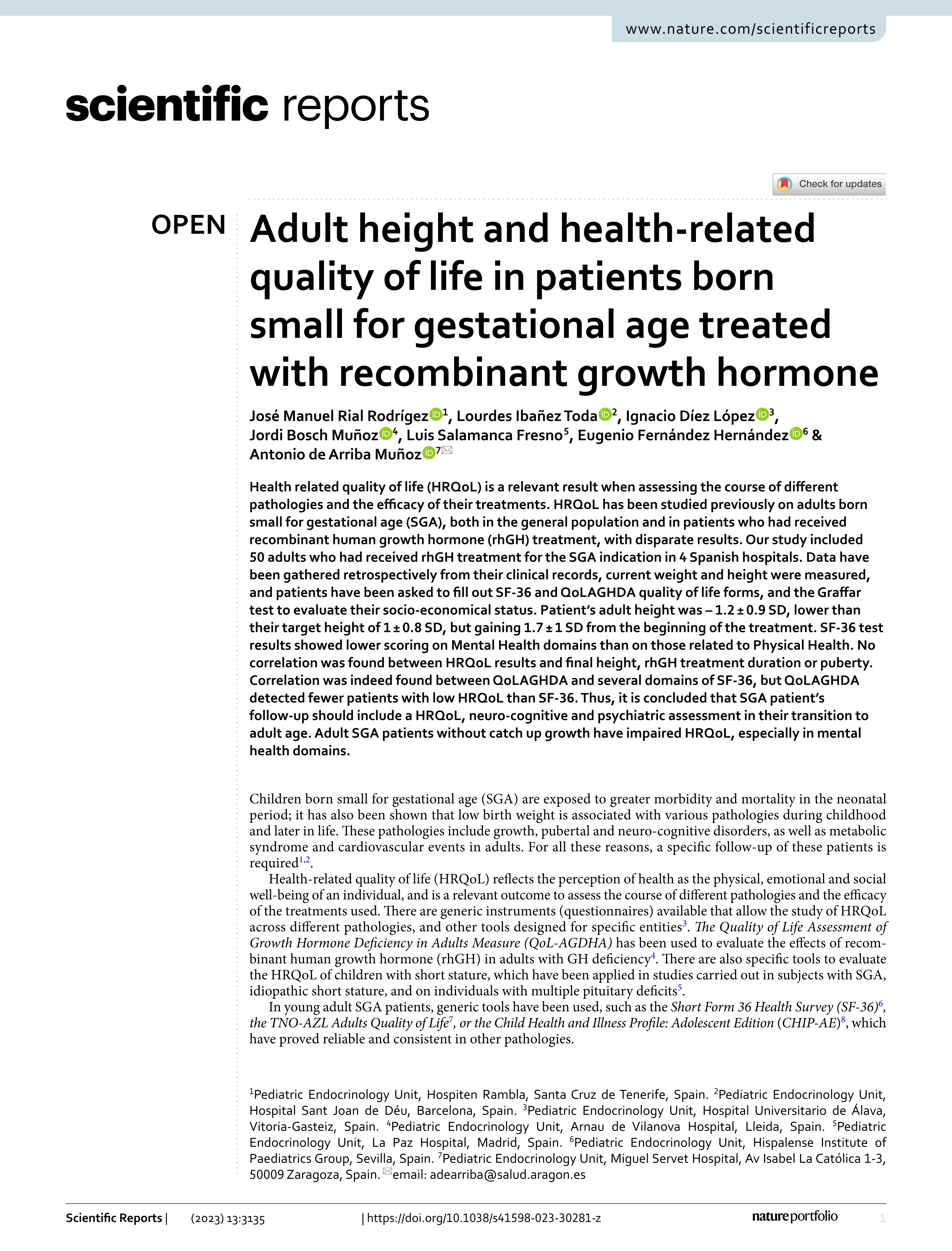 Adult height and health-related quality of life in patients born small for gestational age treated with recombinant growth hormone