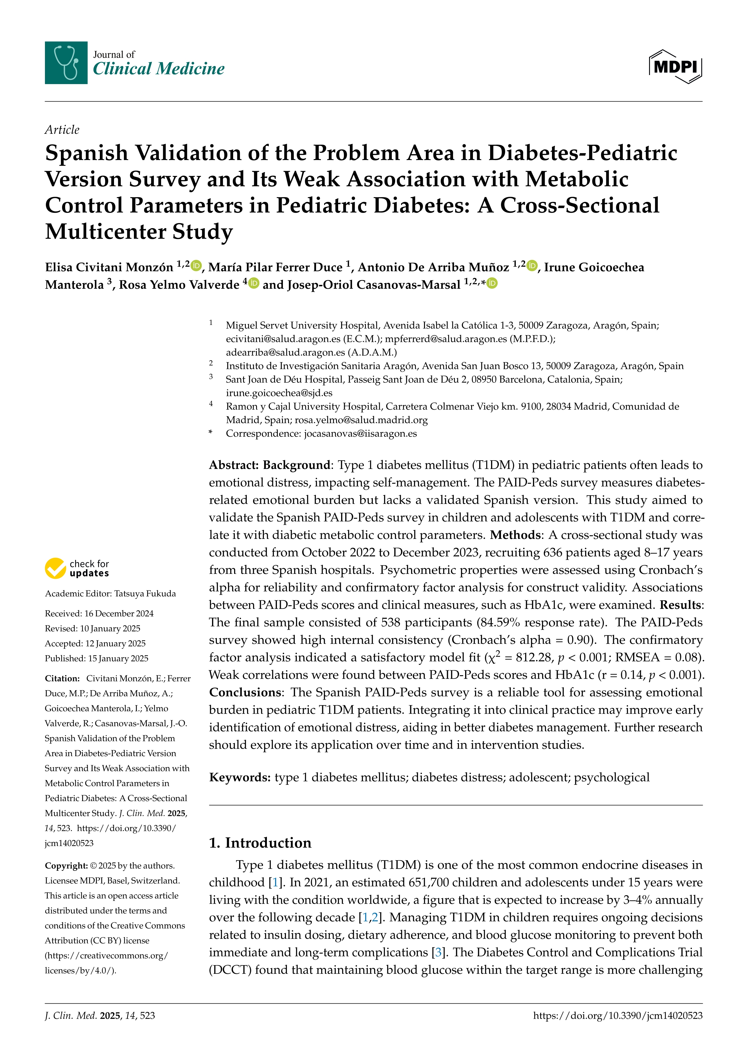 Spanish Validation of the Problem Area in Diabetes-Pediatric Version Survey and Its Weak Association with Metabolic Control Parameters in Pediatric Diabetes: A Cross-Sectional Multicenter Study